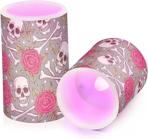 Miniatura 2 de MCHIVER Juego de 2 velas sin llama con temporizador remoto, funciona con pilas, velas eléctricas con diseño de calavera para bodas, Halloween,