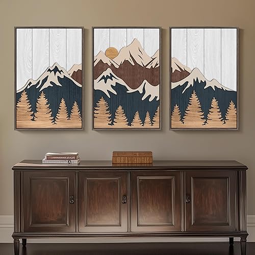 Miniatura 3 de Arte de pared de madera texturizada enmarcada para sala de estar, 3 piezas de madera 3D de casa de arte de campo grande para paredes, paisaje