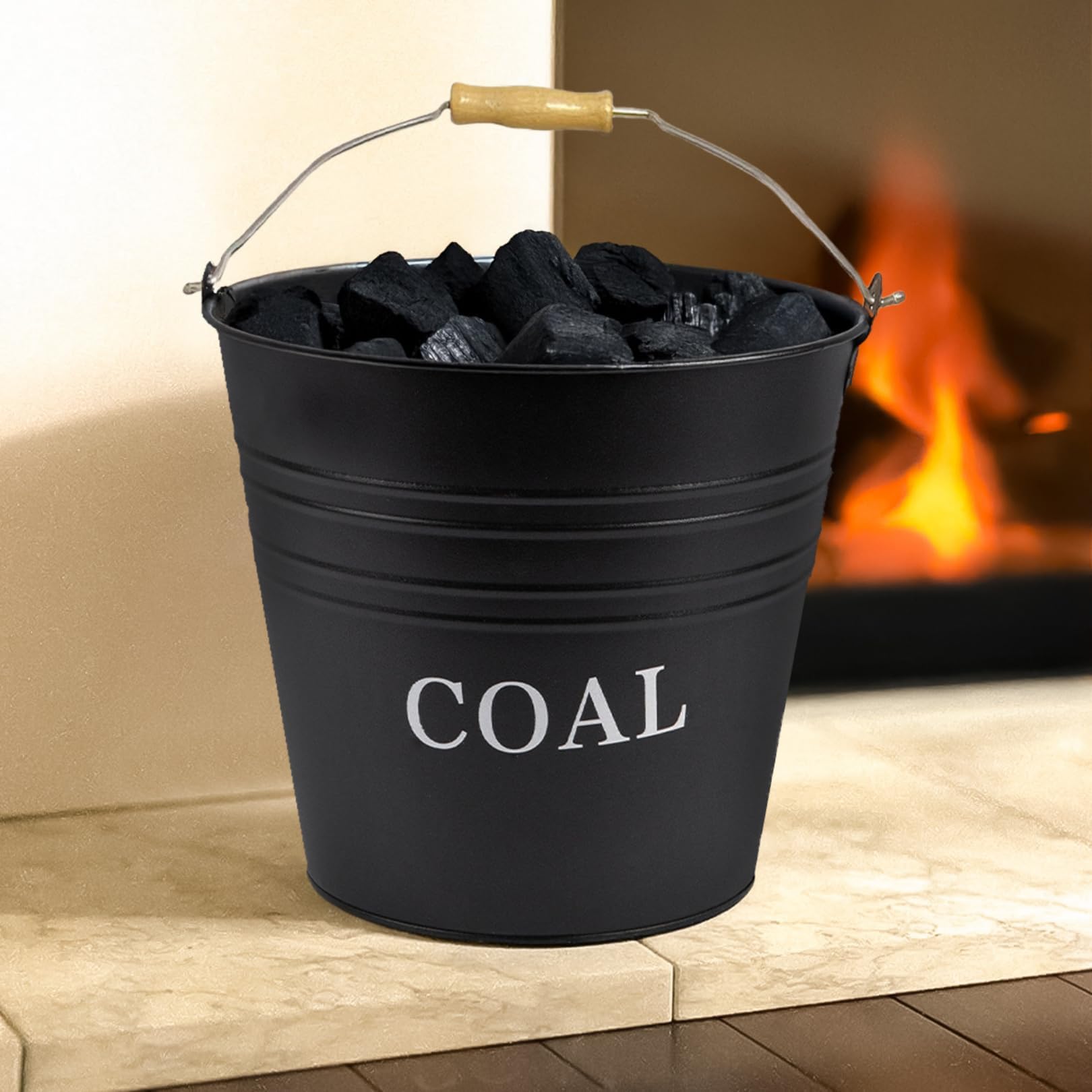 HomeZone 12L Heavy Duty Coal Bucket for Log Burner and Fireplace Powder Coated Coal Buckets for Fireplaces with Wooden Handle Large Fireside Black Bucket Coal Scuttles for Fireplaces