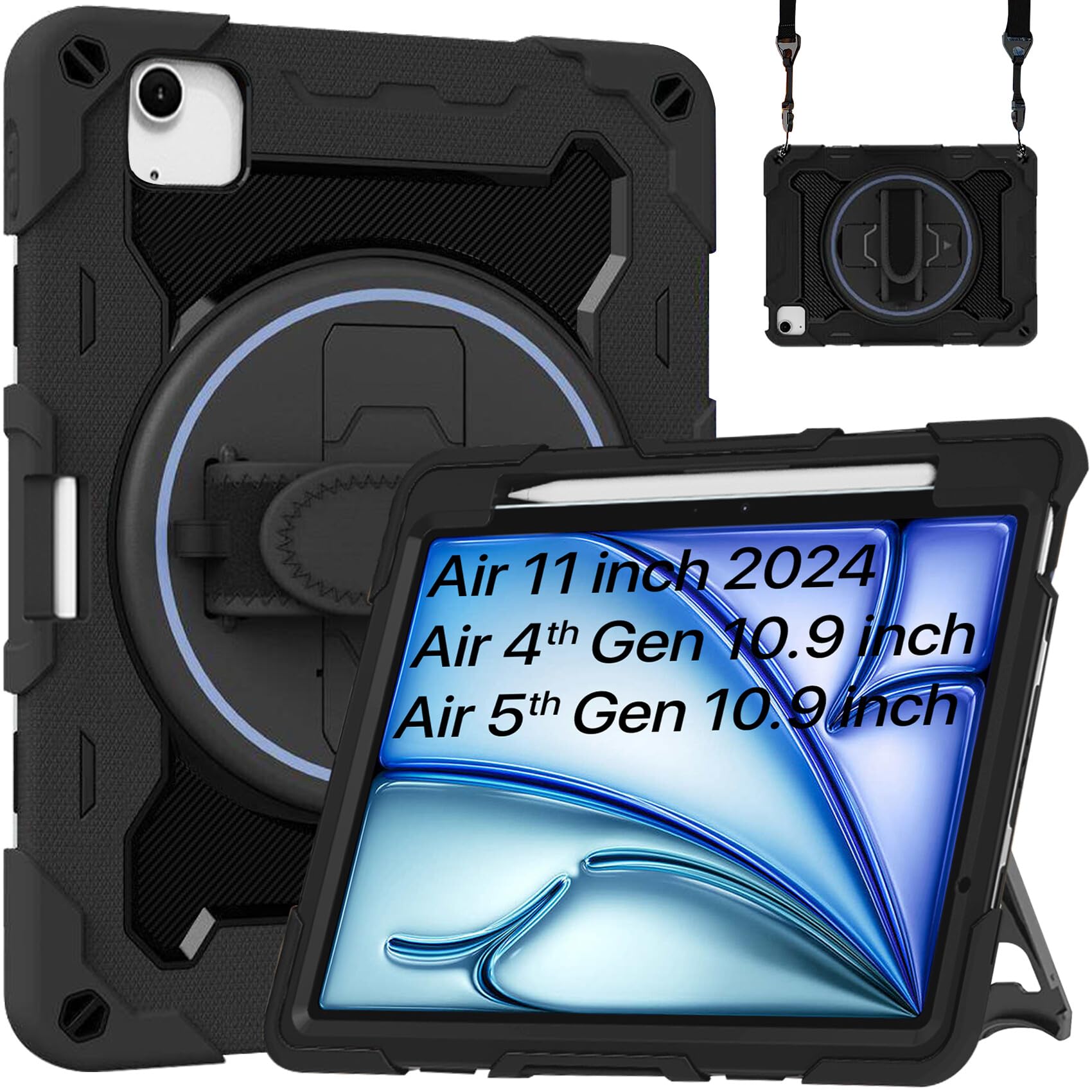 Robustrion for iPad Air 11 inch/iPad Air 4th 5th Generation Cover with [Pencil Holder] Armor Case with [Shoulder Strap] and [360 Rotating Hand Strap] for iPad Air 5th 6th Gen - Black (B0D98192YF) Amazon Price History, Amazon Price Tracker