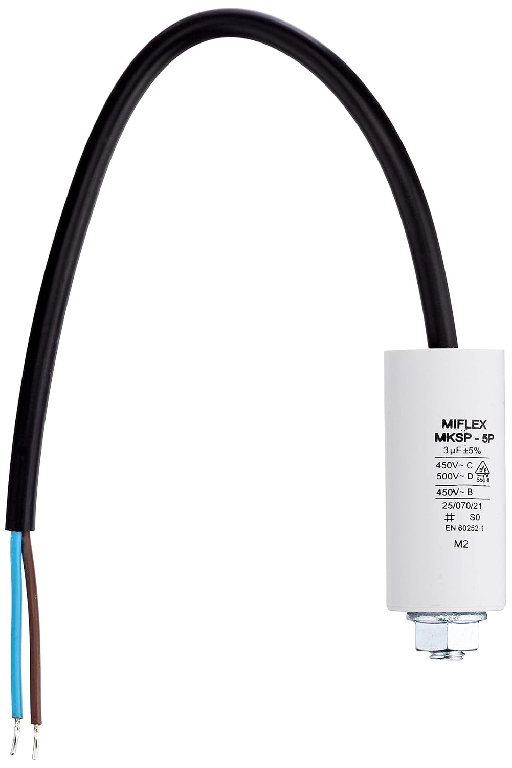 Miflex Starter Capacitor Motor Capacitor 3 µF 450 V 25 x 53 mm Cable M8