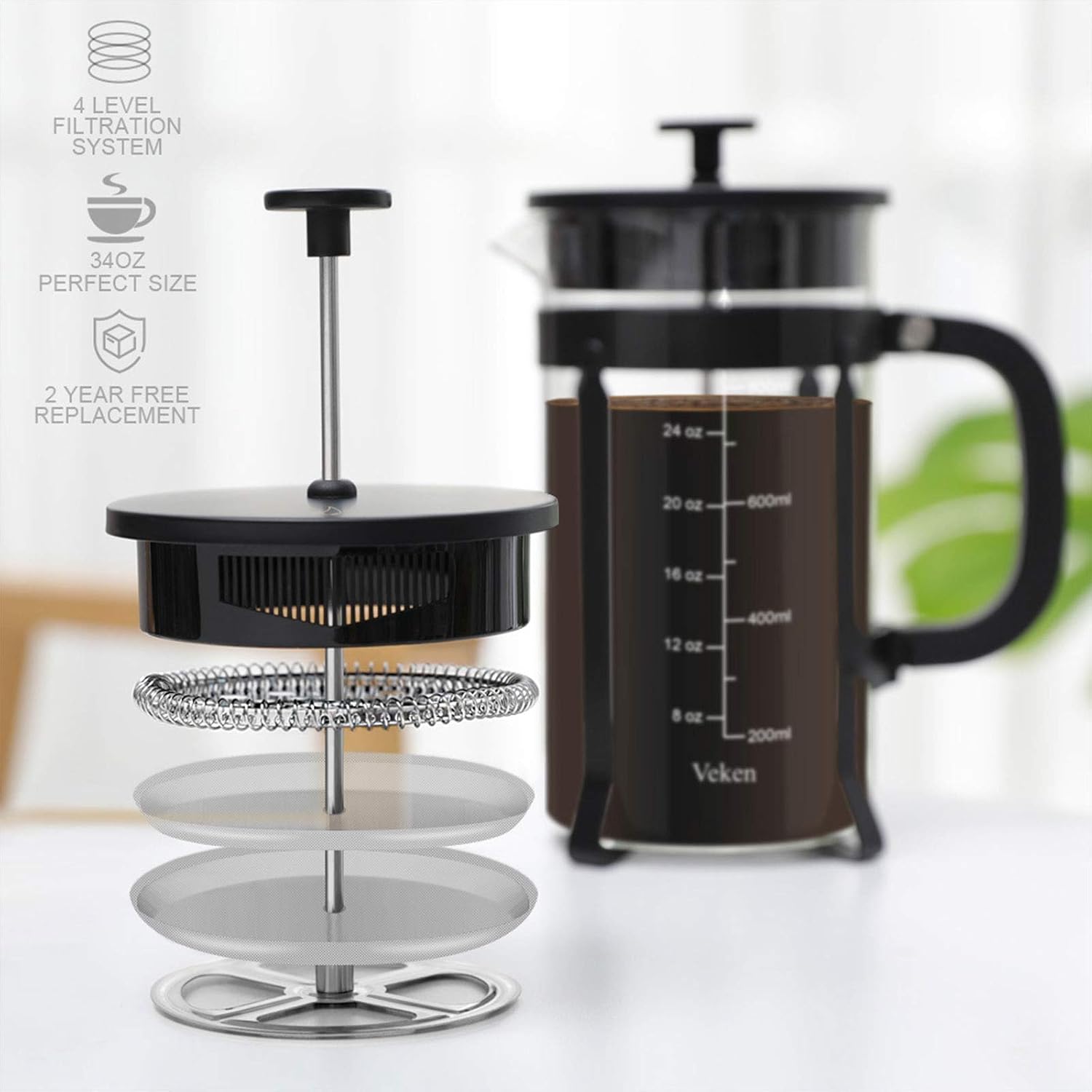 Veken French Press Coffee (8 cups, 34 oz) with 4 Filter Screens Durable 304 Stainless Steel Heat Resistant Borosilicate Glass Tea Maker with Milk Frother, Black