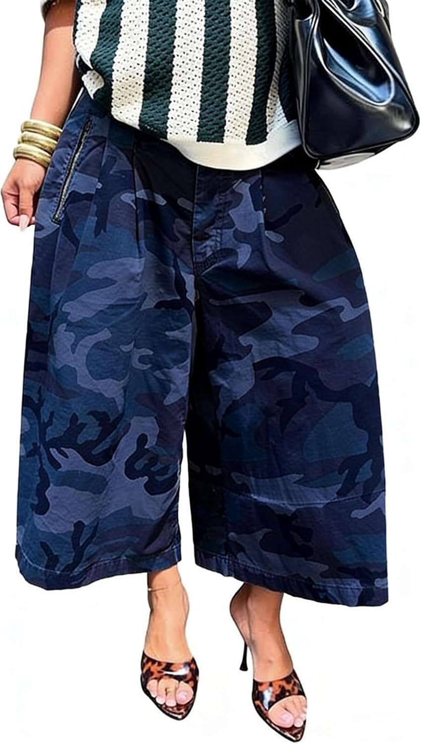 Unybwonn Women Baggy Cargo Jeans Camo Army Fatigue Wide Leg Harem Cropped Denim Pants Plus Size Camouflage Jean Trousers