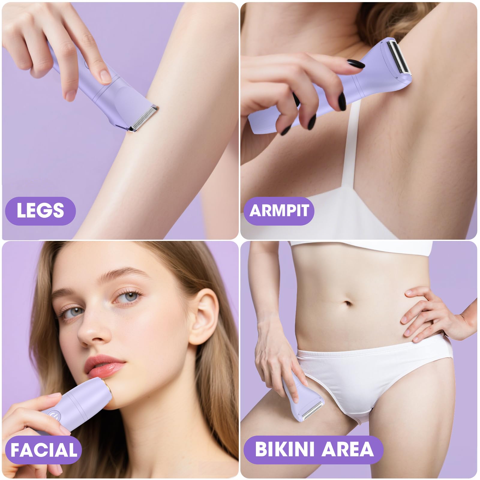 Rasoio elettrico per bikini da donna, kit 3 in 1 per la rimozione dei peli del corpo, per viso, pubico, braccia, gambe, ascelle, trimmer bikini, indolore, IPX6, impermeabile, ricaricabile, portatile