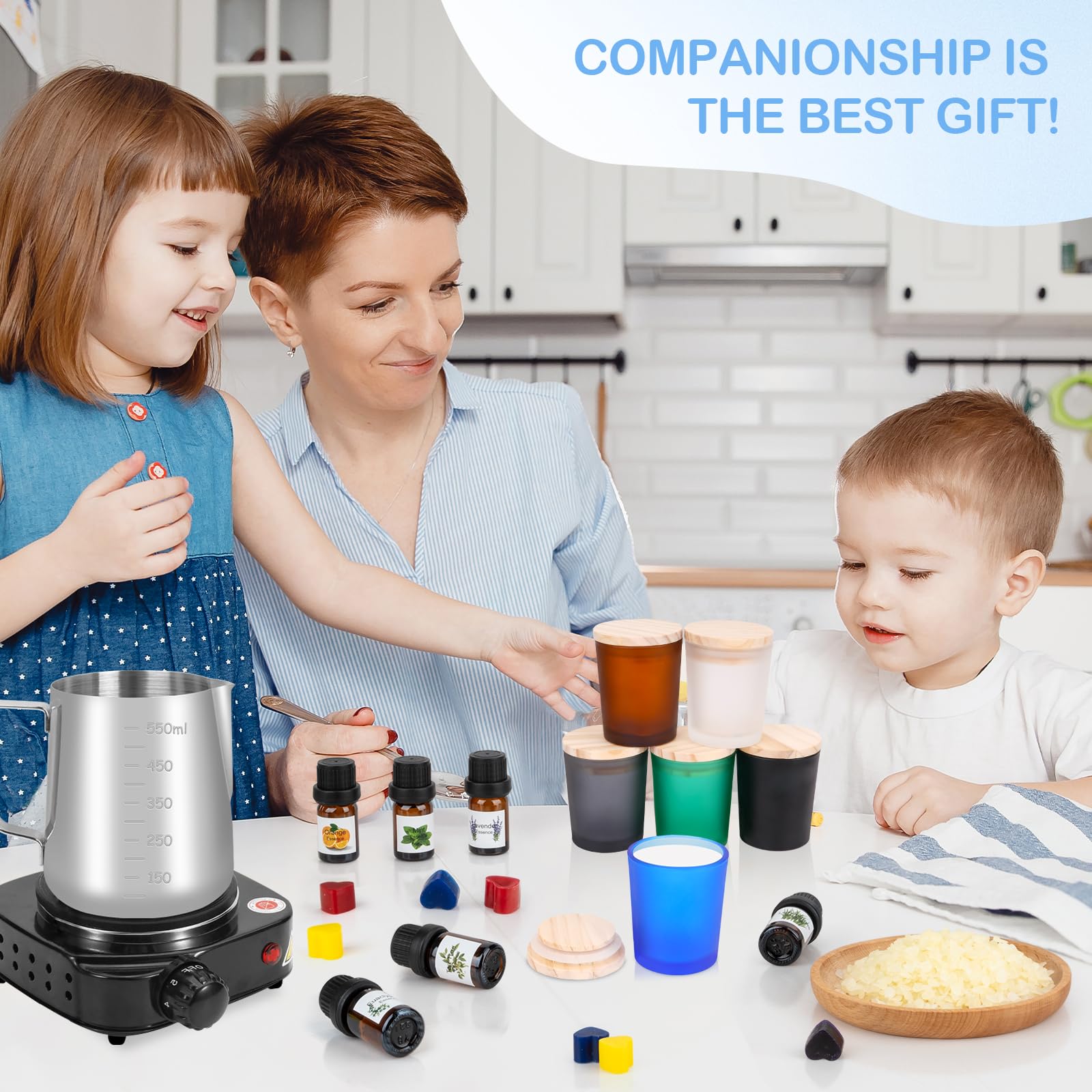 KERCAMKEL Kit para hacer velas,kit para hacer velas aromáticas,Kit de Regalo Bricolaje,6 vasos con tapa de madera,cera de abeja 480g,6 aceites esenciales,8 colores de cera de vela,100 Mechas de Velas