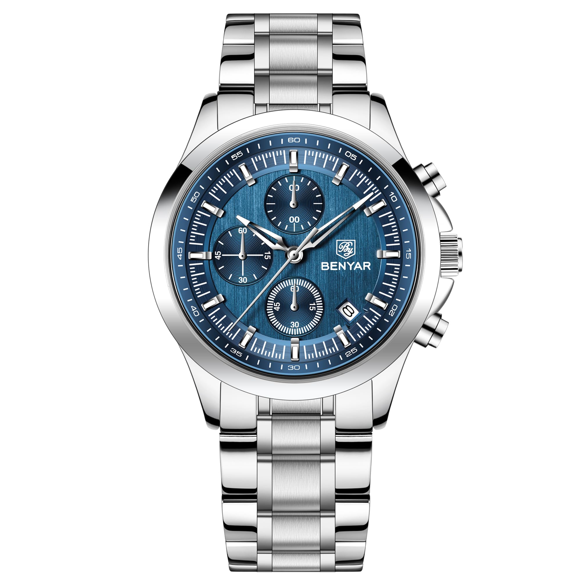 Benyar Watches Men's Analogue Quartz Chronograph Men's Watches 50 m Waterproof Luminous Date Watch Casual Business Watches Classic Elegant Gifts for Men 5210 Silver Blue