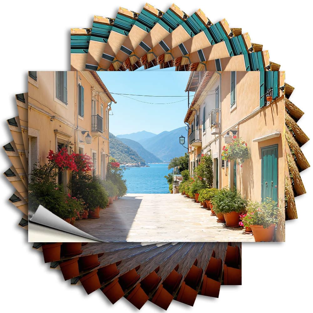 Funny Sticker Basement Decor Waterproof Vinyl Sticker | A Picturesque Street Lined with Potted Plants Leads to A Serene Coastal View. Inspirational Cover for Texas DIY Projects(8X12CM)