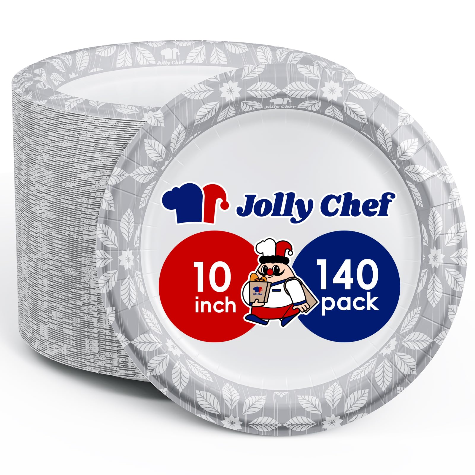 JOLLY CHEF 10 inch 140 Pack Disposable Paper Plates,Soak Proof, Cut Proof, Heavy Duty Printed Paper Plates for Everyday Use