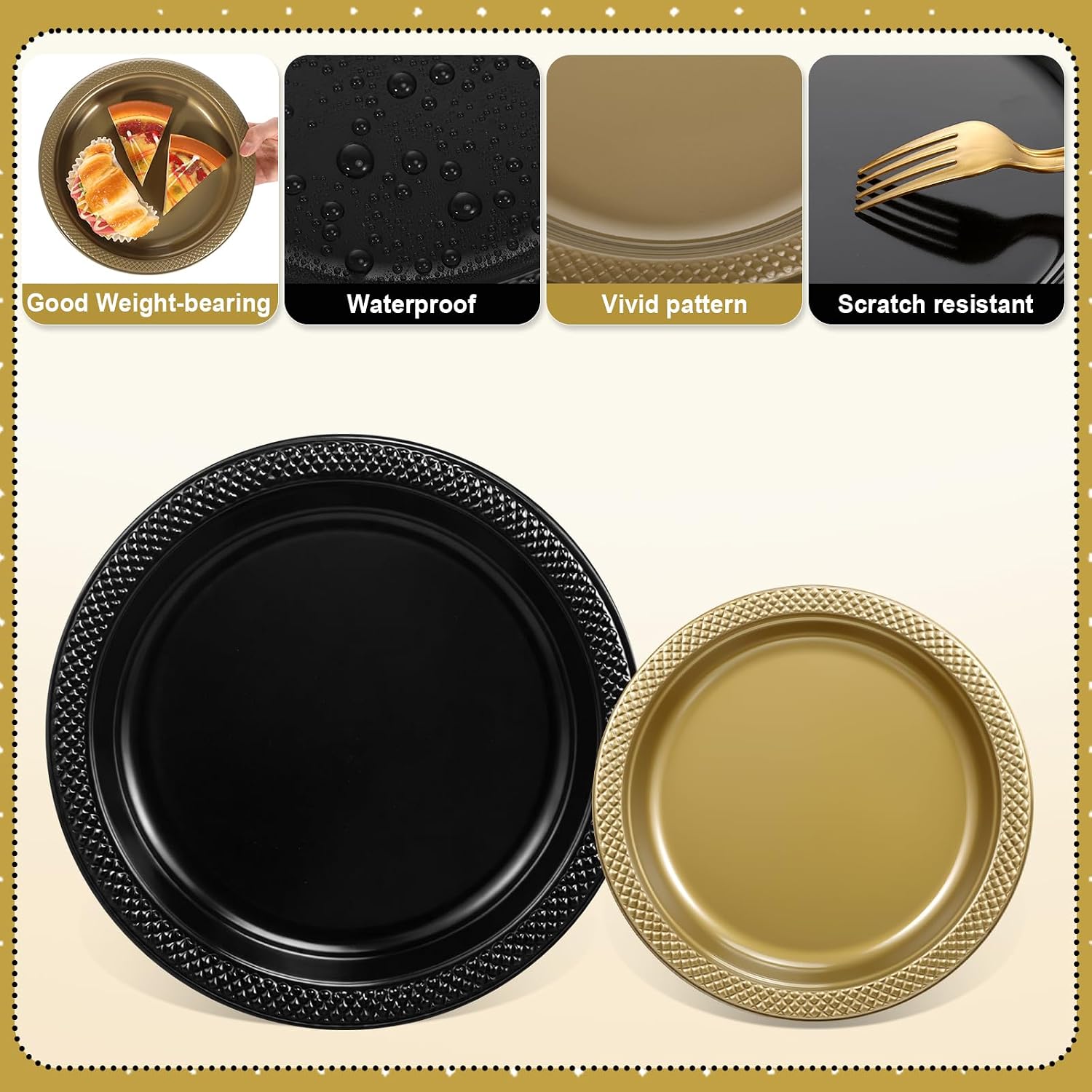 Uiifan 144 Pcs Plastic Plates for Party Set 9" Dinner Plates 7" Dessert Plate Disposable Tableware Set for 24 Guests with Plastic Spoons Forks Knives Napkins for Birthday Wedding(Gold,Black)