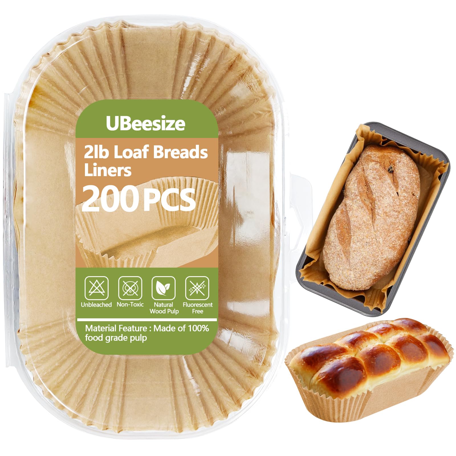 UBeesize 2lb Loaf Pan Liners, 200 PCS Loaf Pan Liners for Baking Bread 9x5, Non-Stick Bread Pan Liners, Pre-formed Rectangle Paper for Bread and Cakes