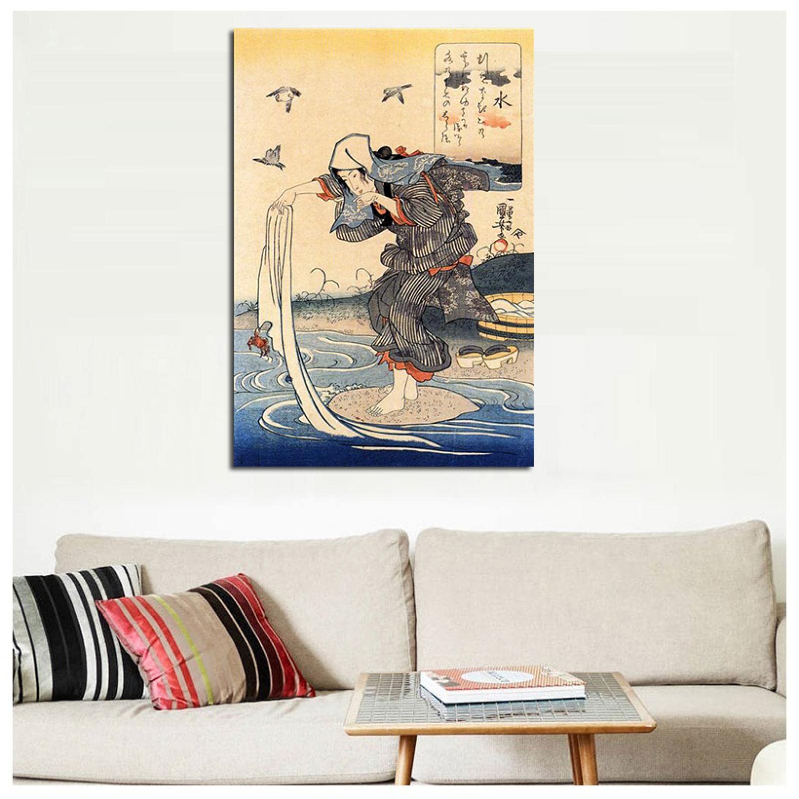 Amazon.co.jp: 日本の浮世絵。キャンバスに印刷します。「川で洗濯をし