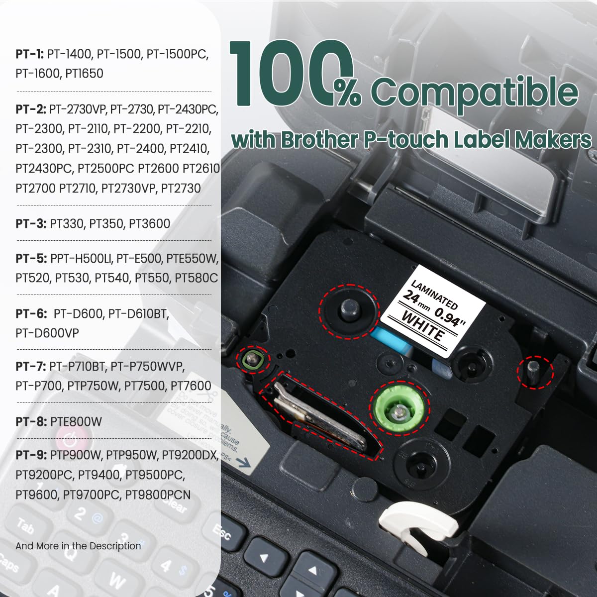 Anomi Nastro per etichettatrice, ricambio per Brother P Touch TZe-251 24 mm Inch Laminated White Label Tape aze251 tz-251 24 mm 0.94, per PTouch PT-D600 PT-D610BT PT-P710BT PT-P700 PT P910BT