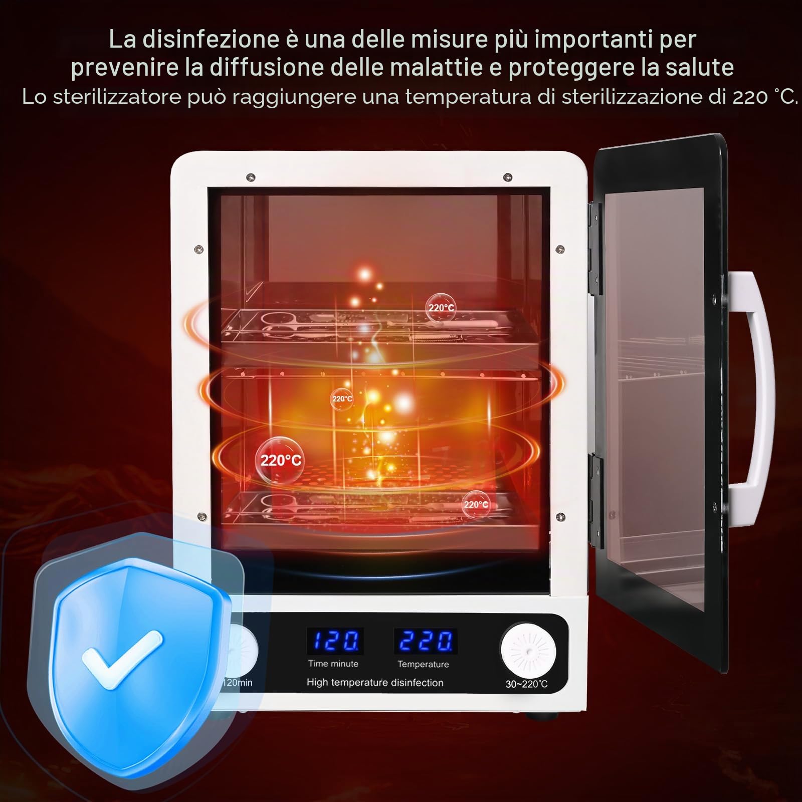 Sterilizzatore ad alta pressione 12 L, sterilizzatore ad aria calda 600 W a calore secco, display temperatura LED, per saloni manicure, pedicura, centri estetici e studi tatuaggi