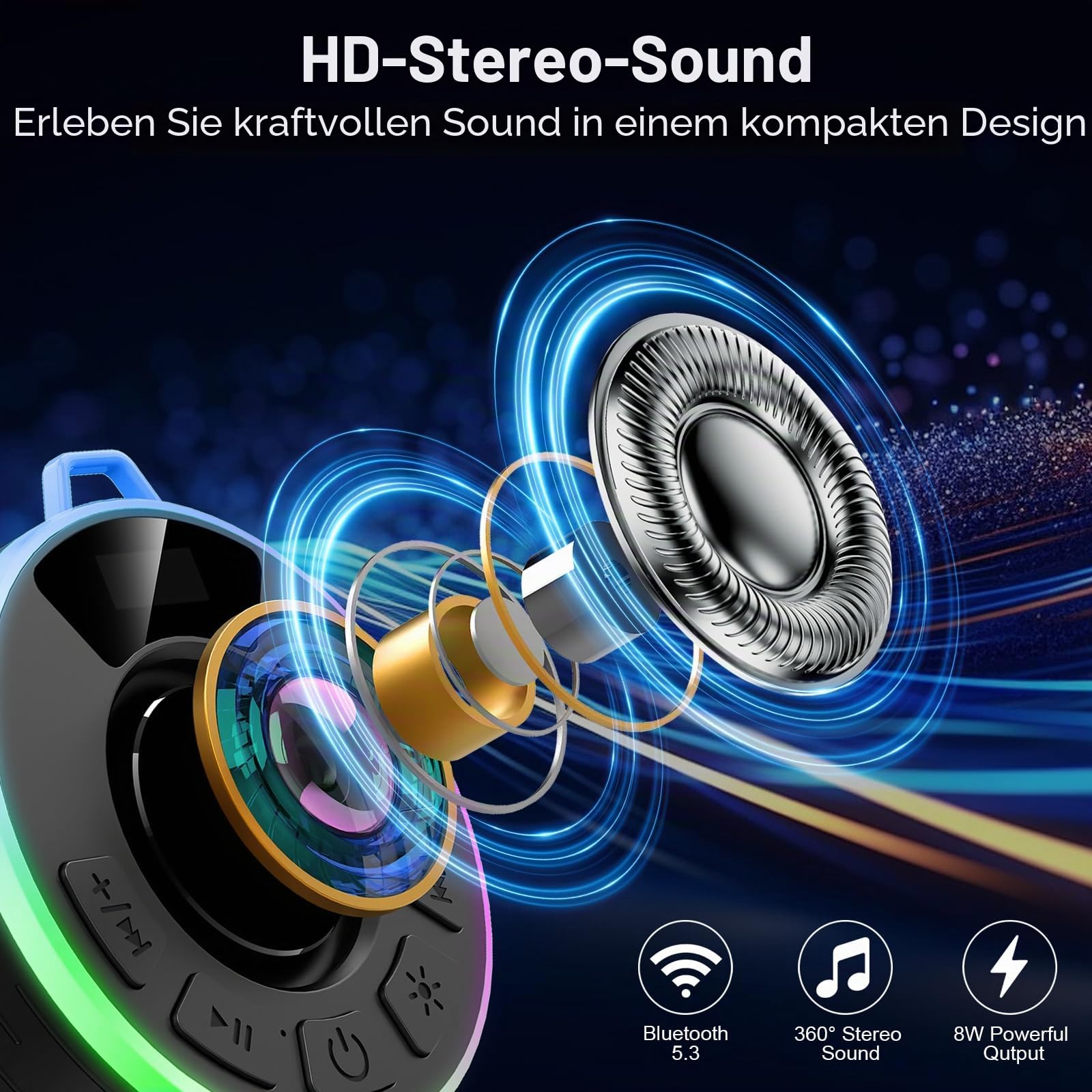 Wasserdichter Bluetooth Duschlautsprecher, 10H Bluetooth-Lautsprecher mit Saugnapf, Tragbare bluetooth 5.3 Lautsprecher mit Stereo-Sound, IPX7 Wasserdicht Musikbox Tragbare für Badezimmer Bergsteigen