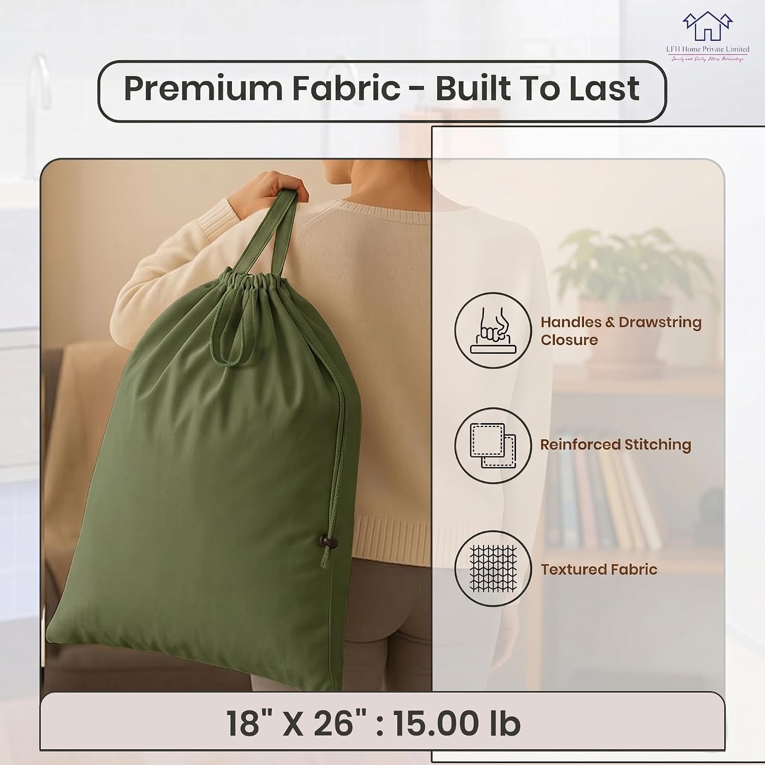 LFH Home Large Premium 1pack Cotton Rich Canvas Laundry Bag with Drawstring and Handles Heavy Duty, Multi-Use, and Washable for Home, Travel, College or Storage 18x26 -Military Green