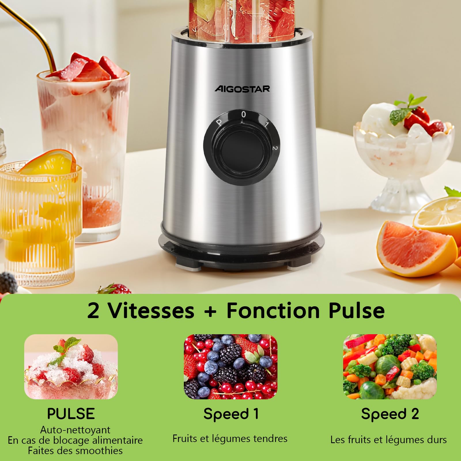 Aigostar Blender Portable, Mixeur Blender avec 2 Bouteilles Portables de 800ml, pour Smoothie Milk-shake Fruits, Puissant 600W. Sans BPA. avec Couvercle pour Maison, Camping et Voyage.