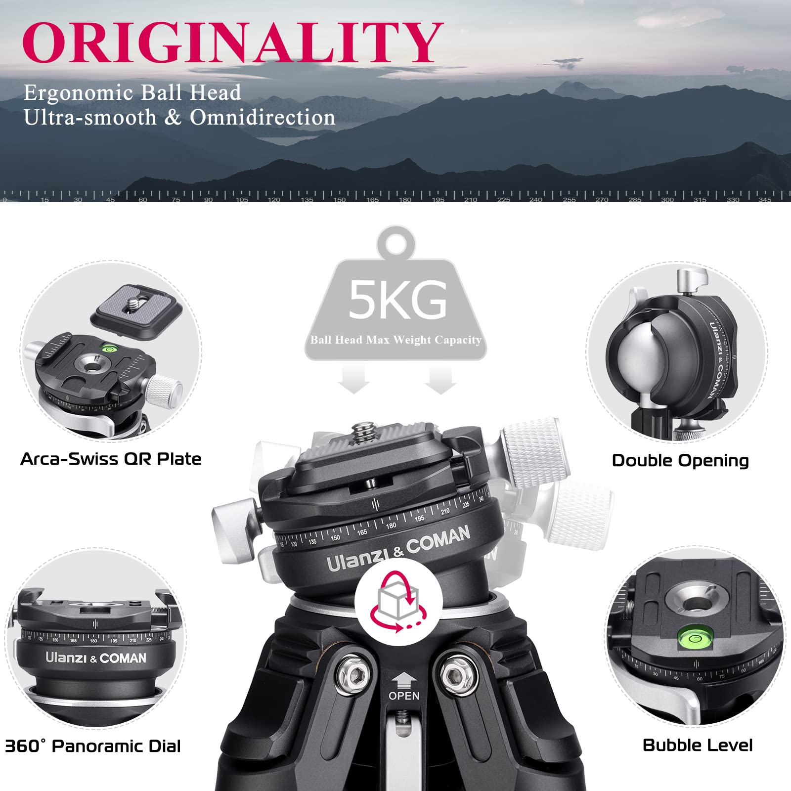 ULANZI Zero Y Trépied de Voyage en Carbone avec rotule panoramique à 360° et rlocation Rapide Arca, trépied photograhy avec Colonne Centrale Amovible, capacité de Charge de 18 kg pour Tous Les