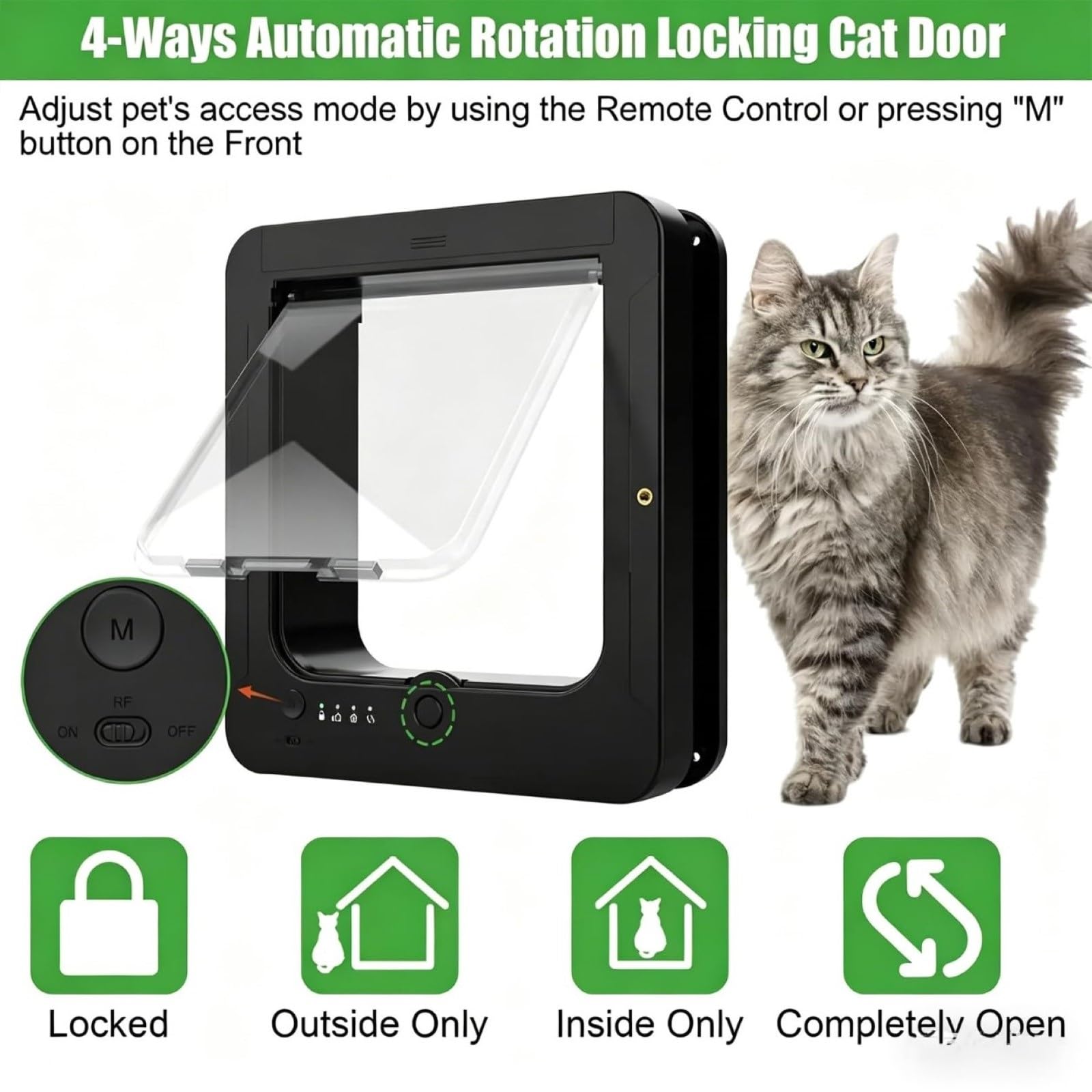 Puerta Inteligente For Gatos For Interior Y Exterior | Puerta for mascotas con desbloqueo automático, 2 collares con sensores y 1 mando a distancia, bloqueo de 4 vías(Black)