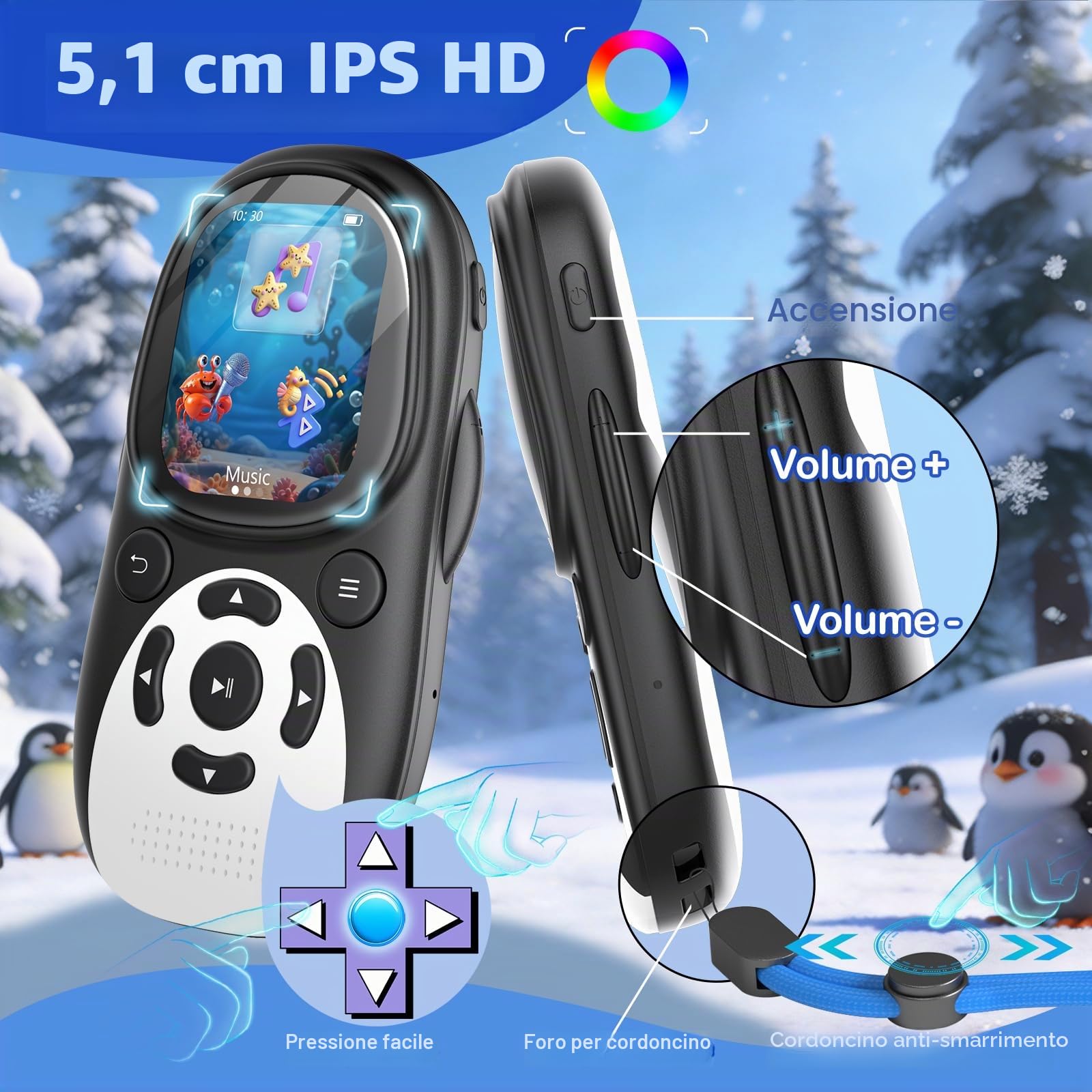 64GB Lettore MP3 Bluetooth 5.3 per Bambini, Design Pinguino con Schermo IPS 2'' & Interfaccia Sottomarina, Altoparlante Integrato, Radio FM,Batteria 750mAh, Regalo per Bambini, Espandibile 128GB