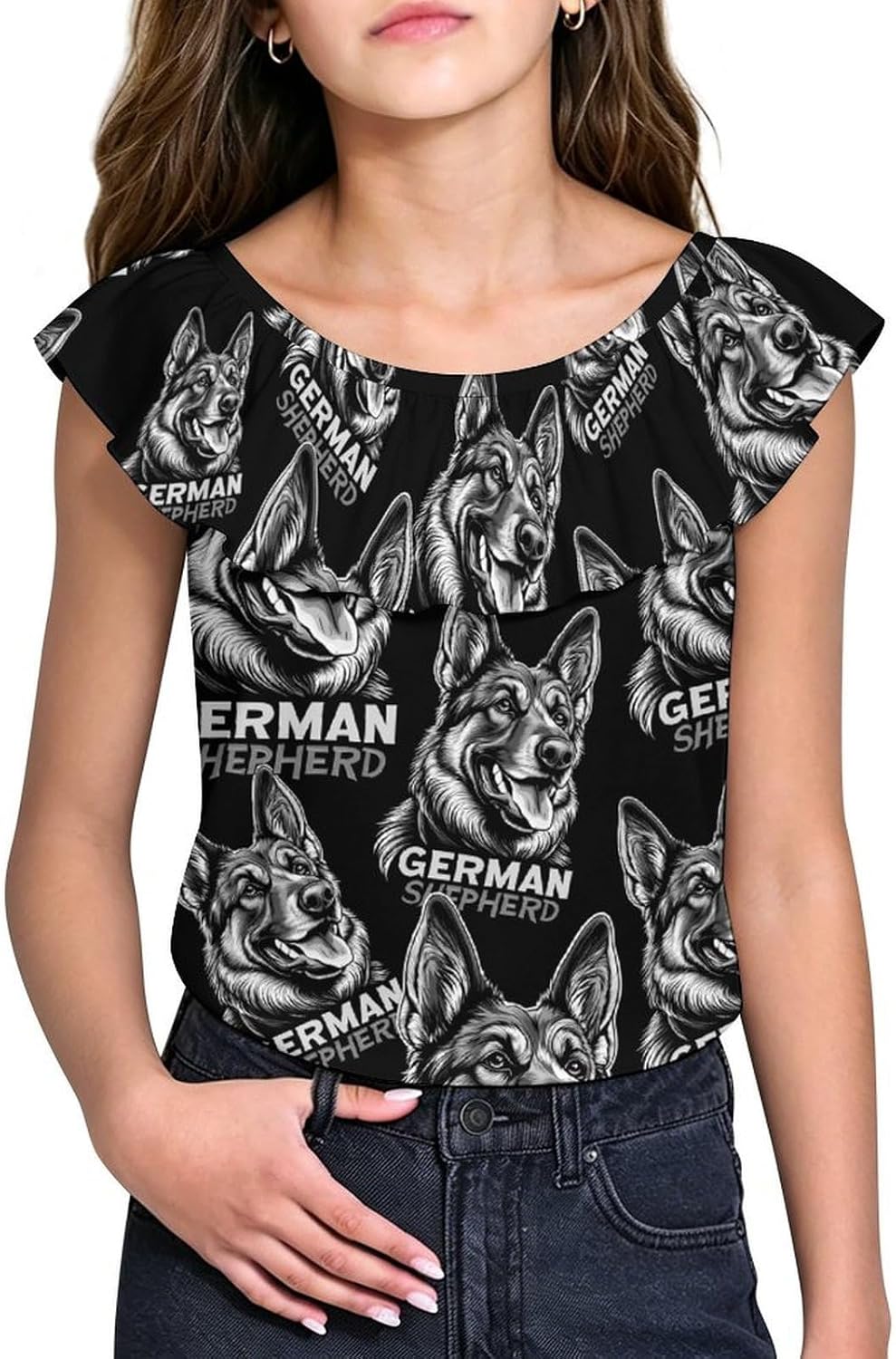 German Shepherd Dog Girls T-Shirts Top Ruffle Short Sleeve Blouse Casual Graphic Tees