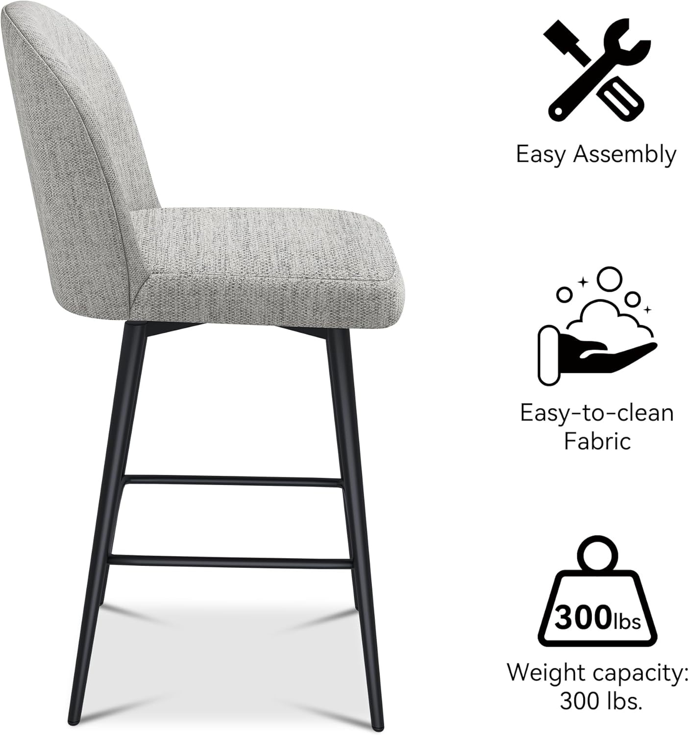 Counter Height Bar Stools Set of 2, 26 Inch Upholstered Swivel Barstools with Back and Metal Legs, Linen Fabric Counter Stools for Kitchen Island, Dining Room, Pub