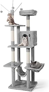 BOWHAUS Tall Cat Tree for Indoor Large Cats or Kittens, Multi-Level Cat Activity Tree with Scratching Posts, Hammock, Cat Cave Condo, Modern Cute Small Cat Climbing Tower with Widened Perch