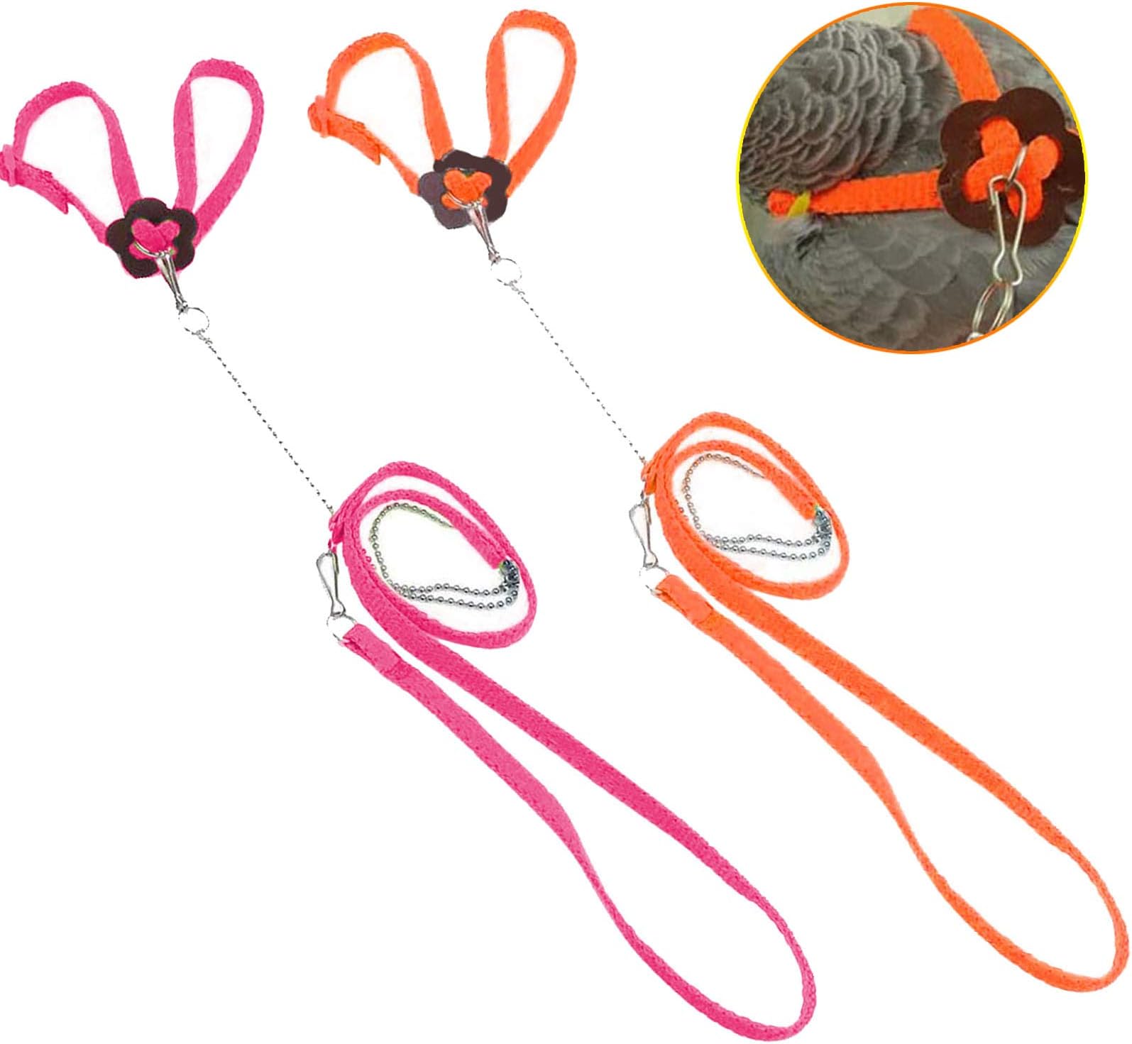 Bonaweite2 Pack Adjustable Harness Leash, Pet Birds Nylon Anti-bite Training Hraness Outside Walk for Parrot African Grey Cockatoo Macaw Ringneck Parakeet Cockatiel Reptile Lizar