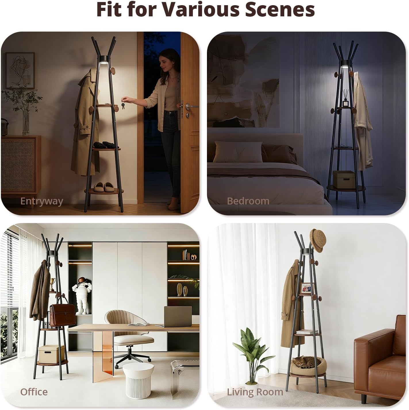 young master Coat Rack, Freestanding Coat Rack with 3 Shelves and 12 Hooks, Coat tree with Motion Sensor Light for Entryway, Livingroom, Hall Tree Free Standing for Coats, Scarves, Handbags, Black