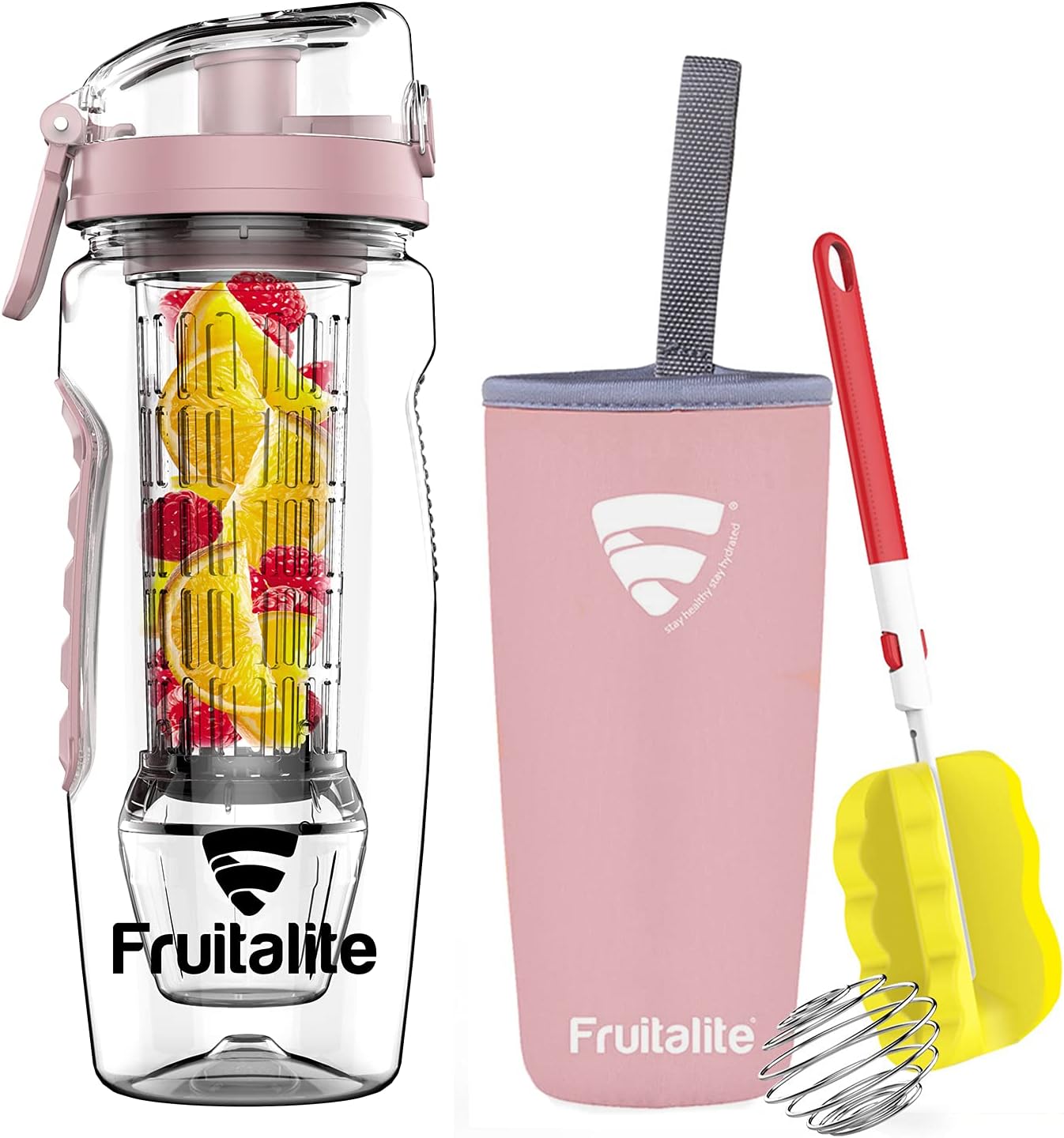 Fruitalite Fruit Infuser Water Bottle- 1 Litre, Tritan Infusion Rod with Ice Gel Ball, Carry Cover Sleeve, Infused Detox Recipes eBook, Cleaning Brush (Rose Gold,Set of 1)