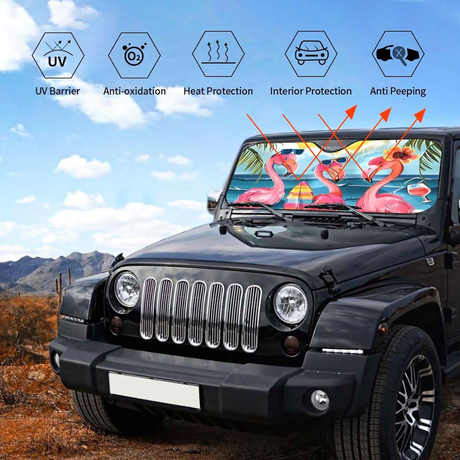Summer Flamingo Front Windshield Sun Shade, Fancy Flamingo Suction Cup Window Shades for Car Truck SUV - Blocks UV Rays Keeps Your Vehicle Cool - Medium, S-510