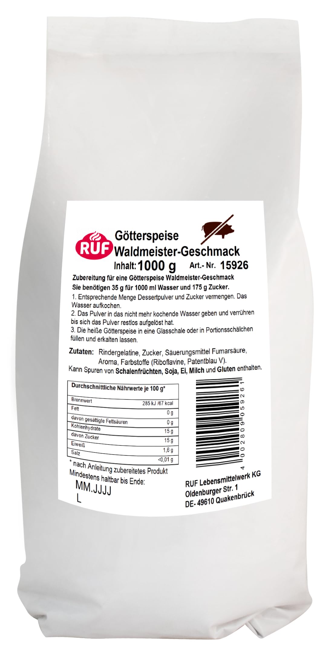 RUF Götterspeise Rindergelatine Waldmeister, Wackelpudding grün ohne Schweinegelatine mit Waldmeister Geschmack, Götterspeise Pulver Gelatine Rind, 1 x 1000g