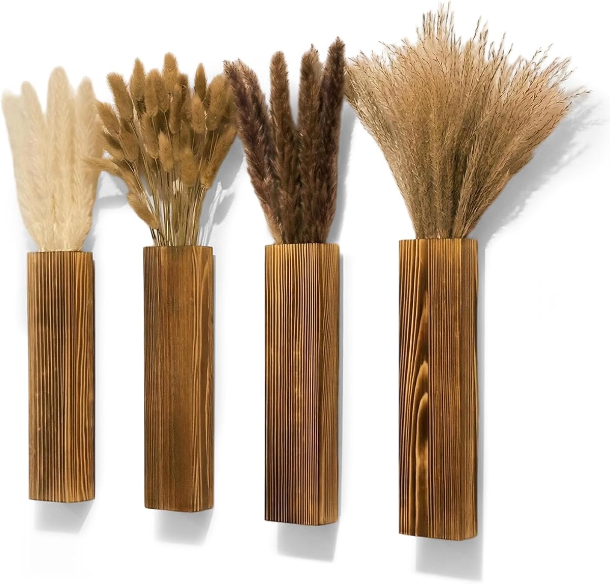 Sawoake 4-Piece Wooden Hanging Wall Vase Set with Pampas Grass and Eucalyptus Dried Flowers, Modern Farmhouse Home Decor for Living Room Entryway Bathroom Hallway Dining Room(Brown)