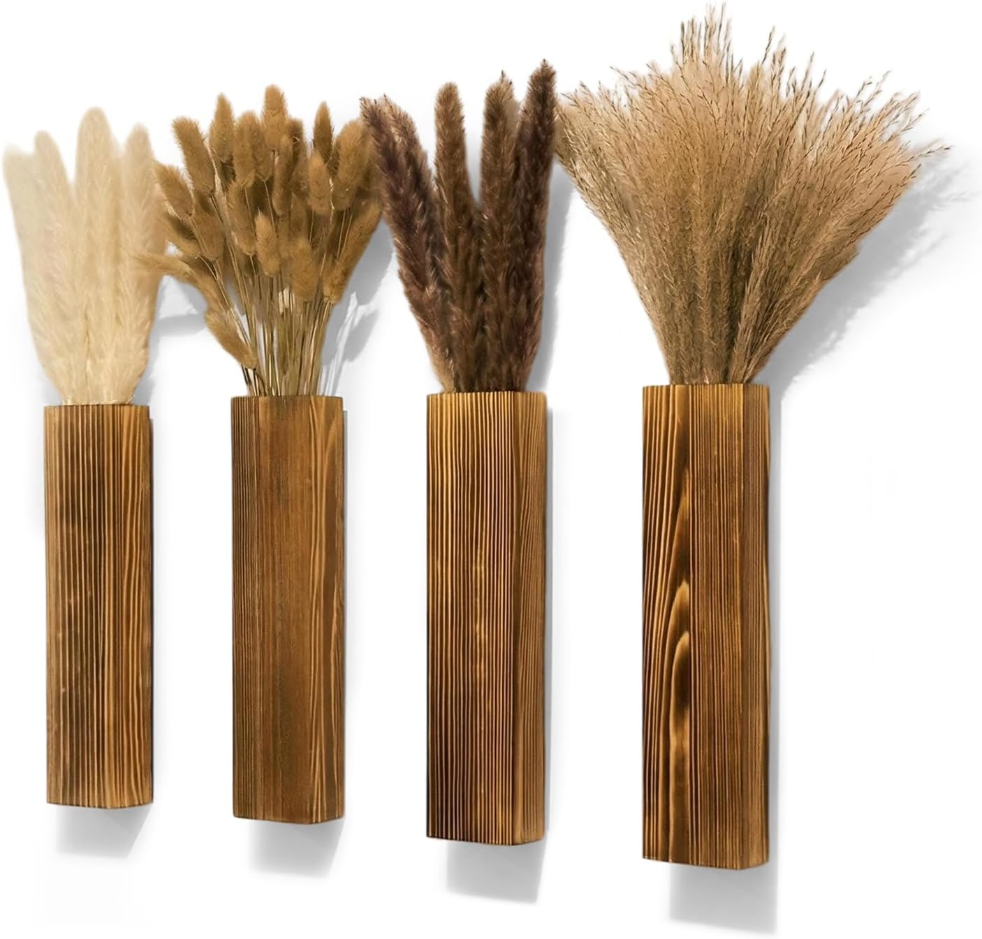 Sawoake 4-Piece Wooden Hanging Wall Vase Set with Pampas Grass and Eucalyptus Dried Flowers, Modern Farmhouse Home Decor for Living Room Entryway Bathroom Hallway Dining Room（Brown）