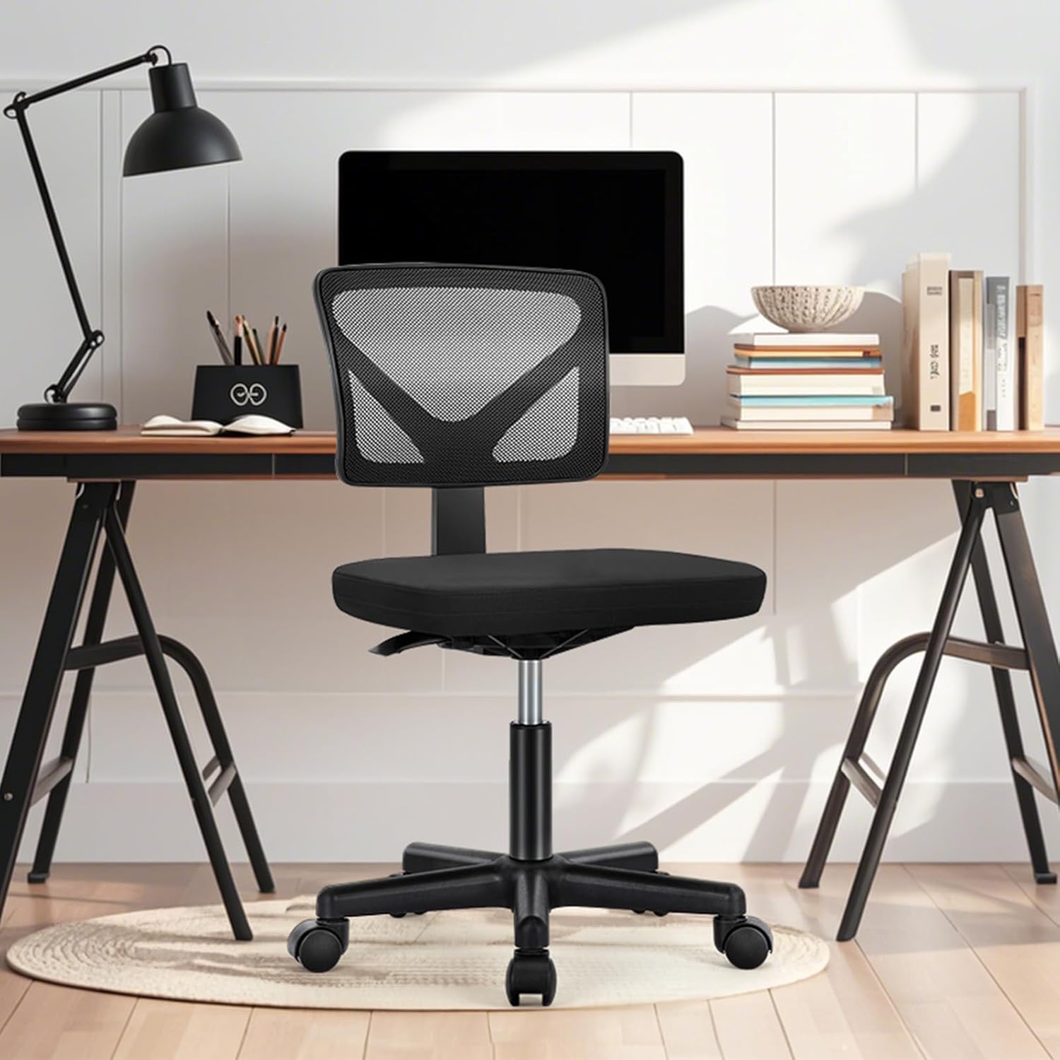 NEWBULIG Home Office Desk Chair, Armless Ergonomic Swivel Computer Chair with Wheels, Adjustable Height and Low-Back Mesh Design, Rolling Chair with Lumbar Support and Comfortable Seat, Black