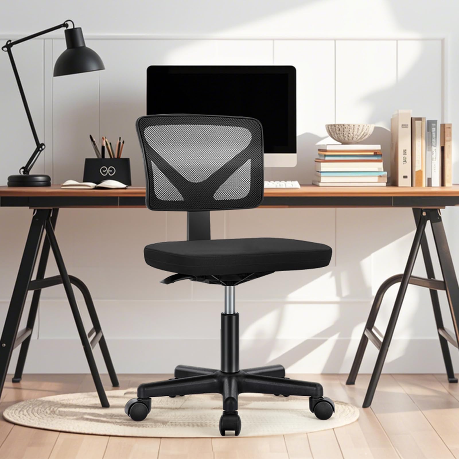 NEWBULIG Home Office Desk Chair, Armless Ergonomic Swivel Computer Chair with Wheels, Adjustable Height and Low-Back Mesh Design, Rolling Chair with Lumbar Support and Comfortable Seat, Black