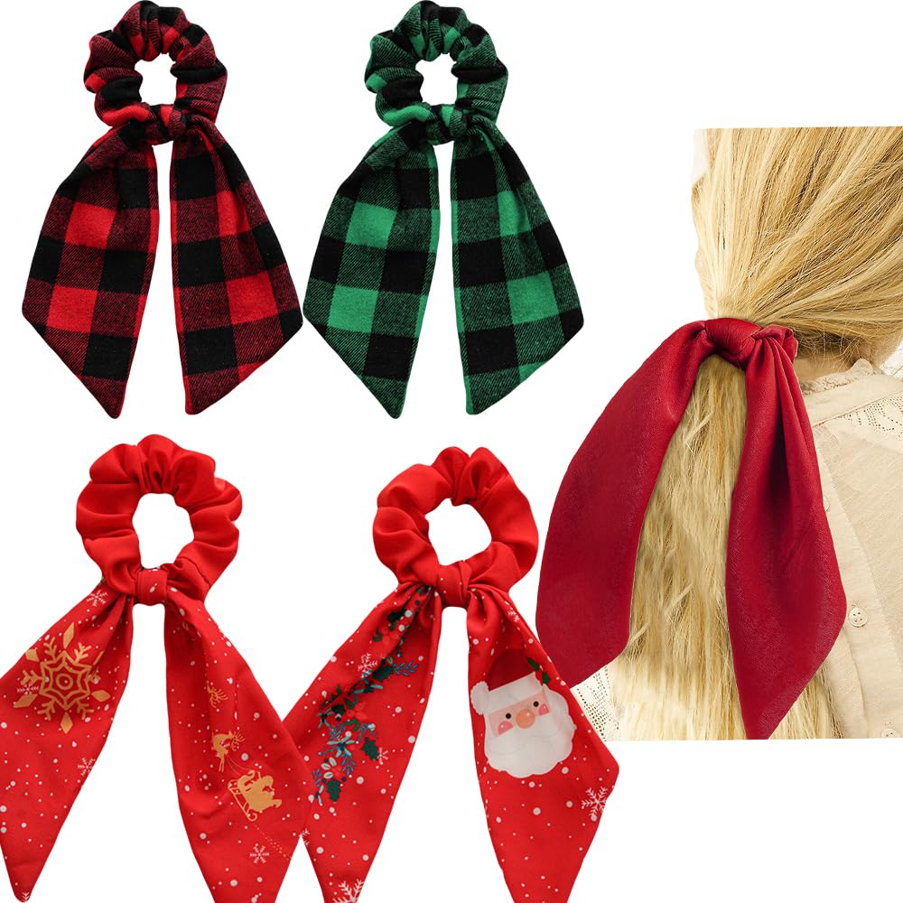 Red Green Hair Scarf with Ribbon Bow for Women Girls, Bow Christmas Scrunchies for Hair, Ribbon Plaid Hair Ties with Bow, Elk Santa Claus Hair Ribbon