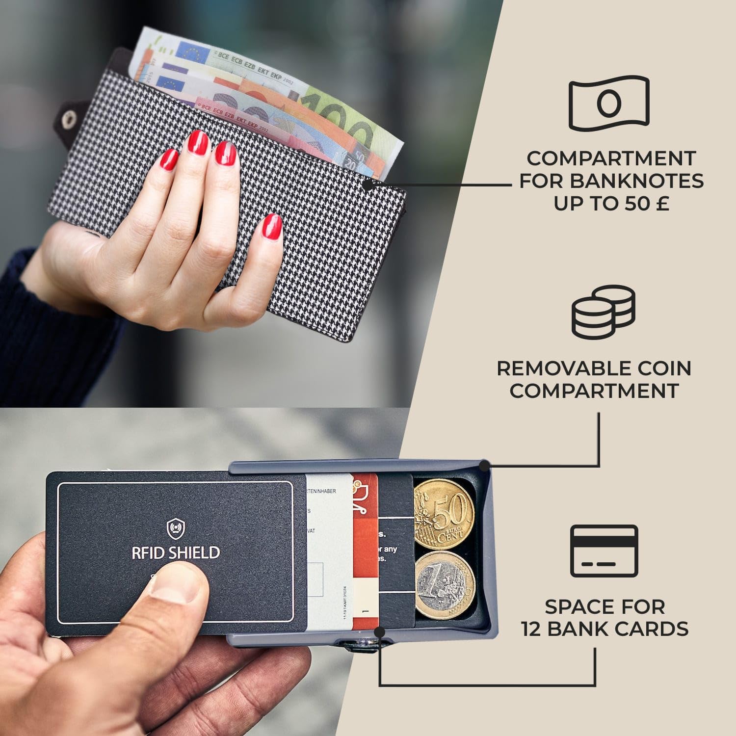 Slimpuro ZNAP miniportfel - etui na karty kredytowe, z aluminiowym klipsem na banknoty i kieszonką na monety, ochrona RFID, skóra korkowa, do 12 kart, brązowy