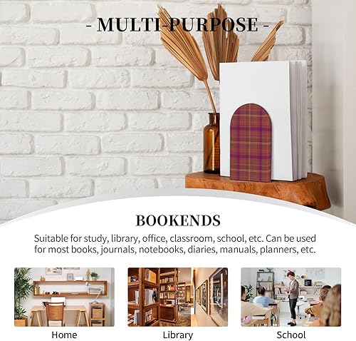 Miniatura 7 de Book Ends for Shelves 1 Pair - Retro Burgundy Plaid Print Wood with Metal Base Bookends for Heavy Books, Book Stand Organizer Holder for Books