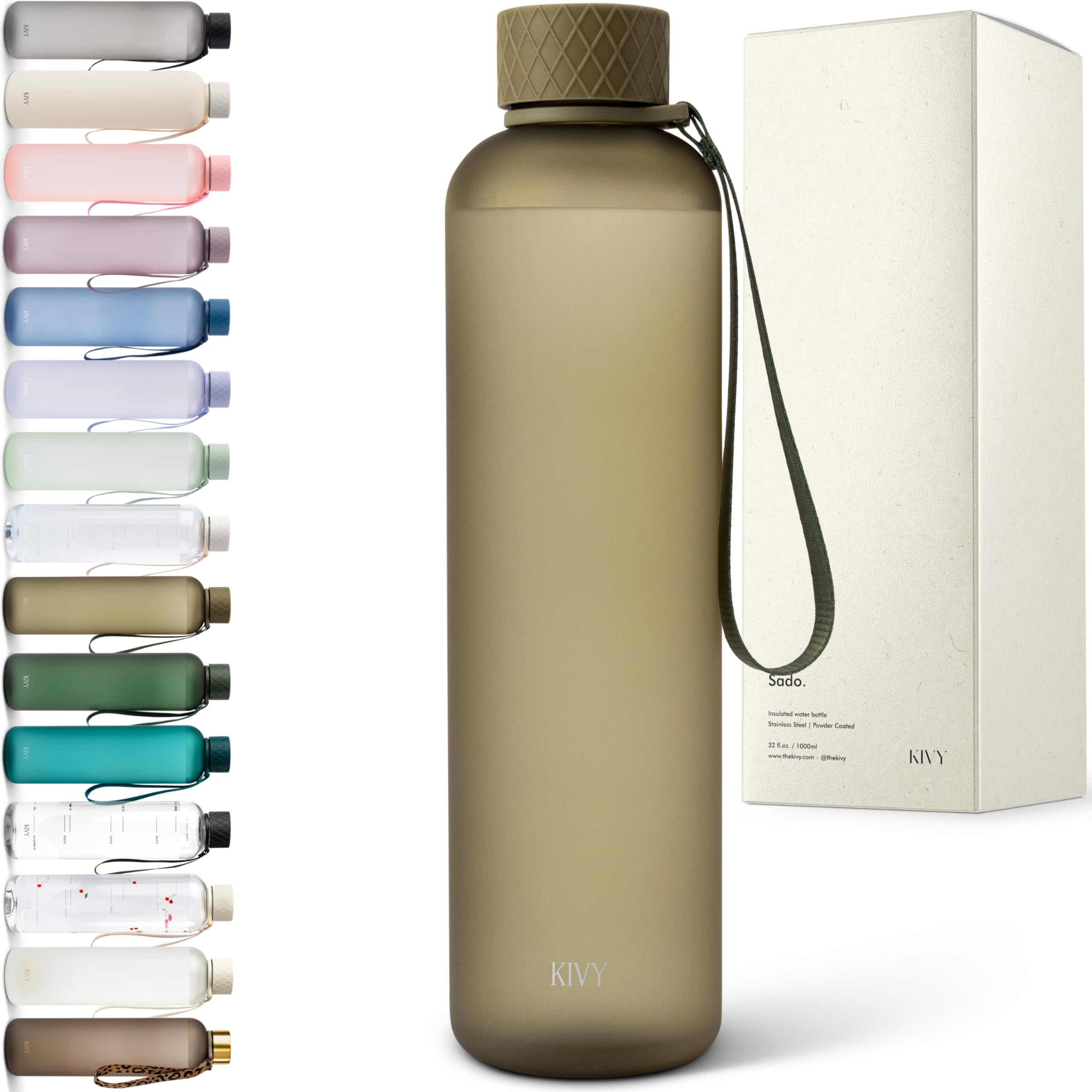 KIVY Slim Water Bottle 32oz [Lightweight & Shatterproof] Fits Cupholder & Backpack - Reusable water bottle no straw - Aesthetic water bottle screw top gym - Green khaki water bottle for men & women