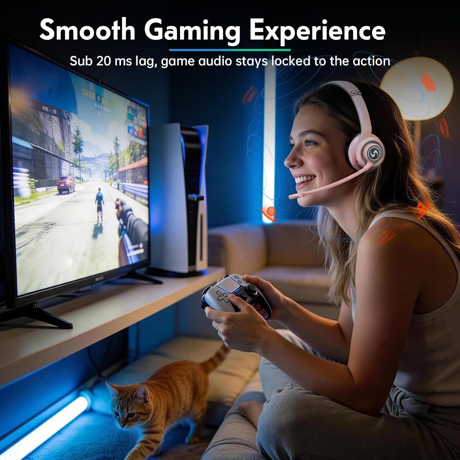 Wireless Headsets with Microphone, Ultra Lightweight& 50+ Playtime, Wireless Headset for Cell Phones, On Ear Bluetooth Headphone Fit for PC/Call Center/Computer/Laptop/Teams - Light Pink