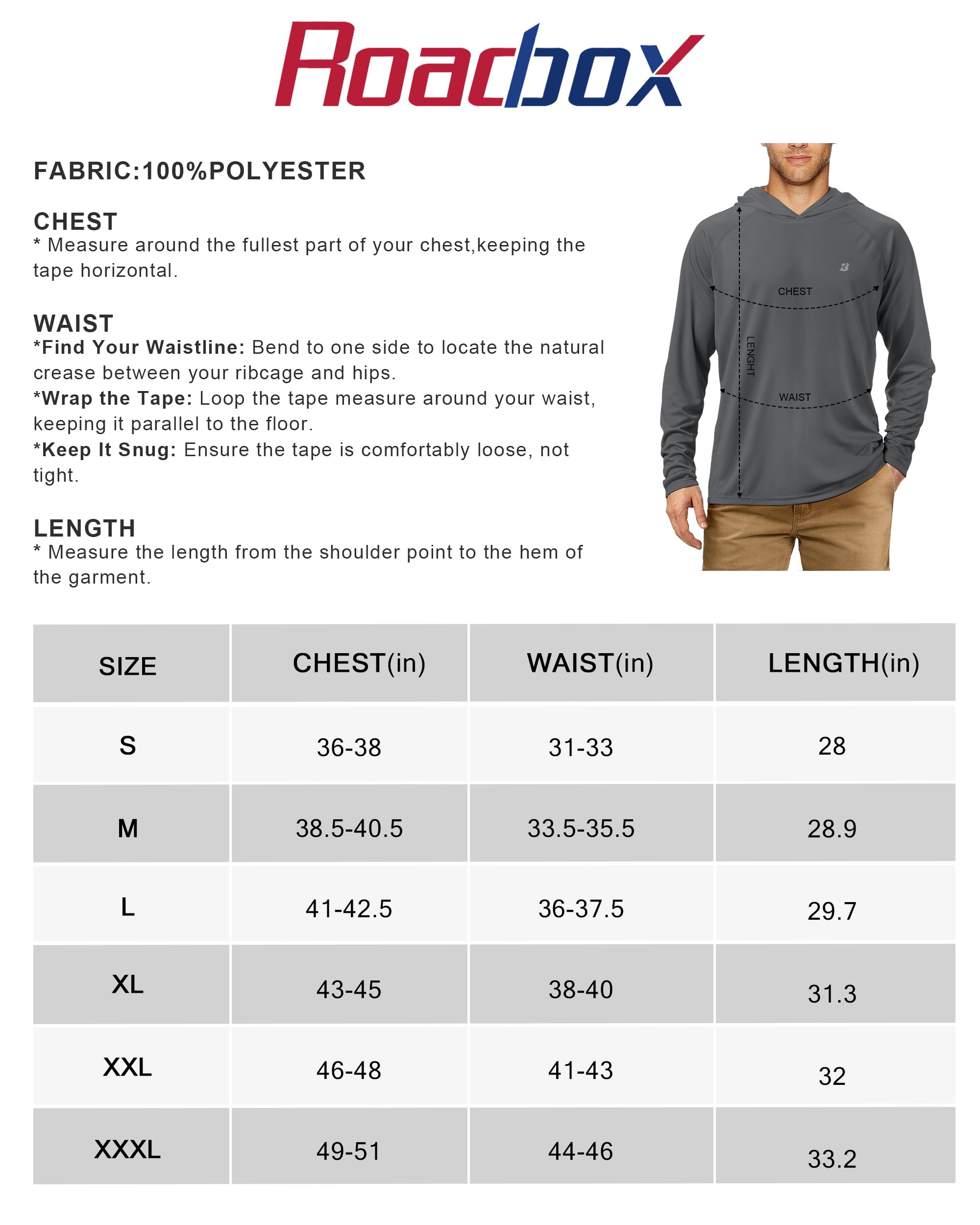 Roadbox Camisas de pesca UPF 50+ para hombre, manga larga, protección solar UV, protección solar, protección contra erupciones al aire libre, senderismo, correr, natación