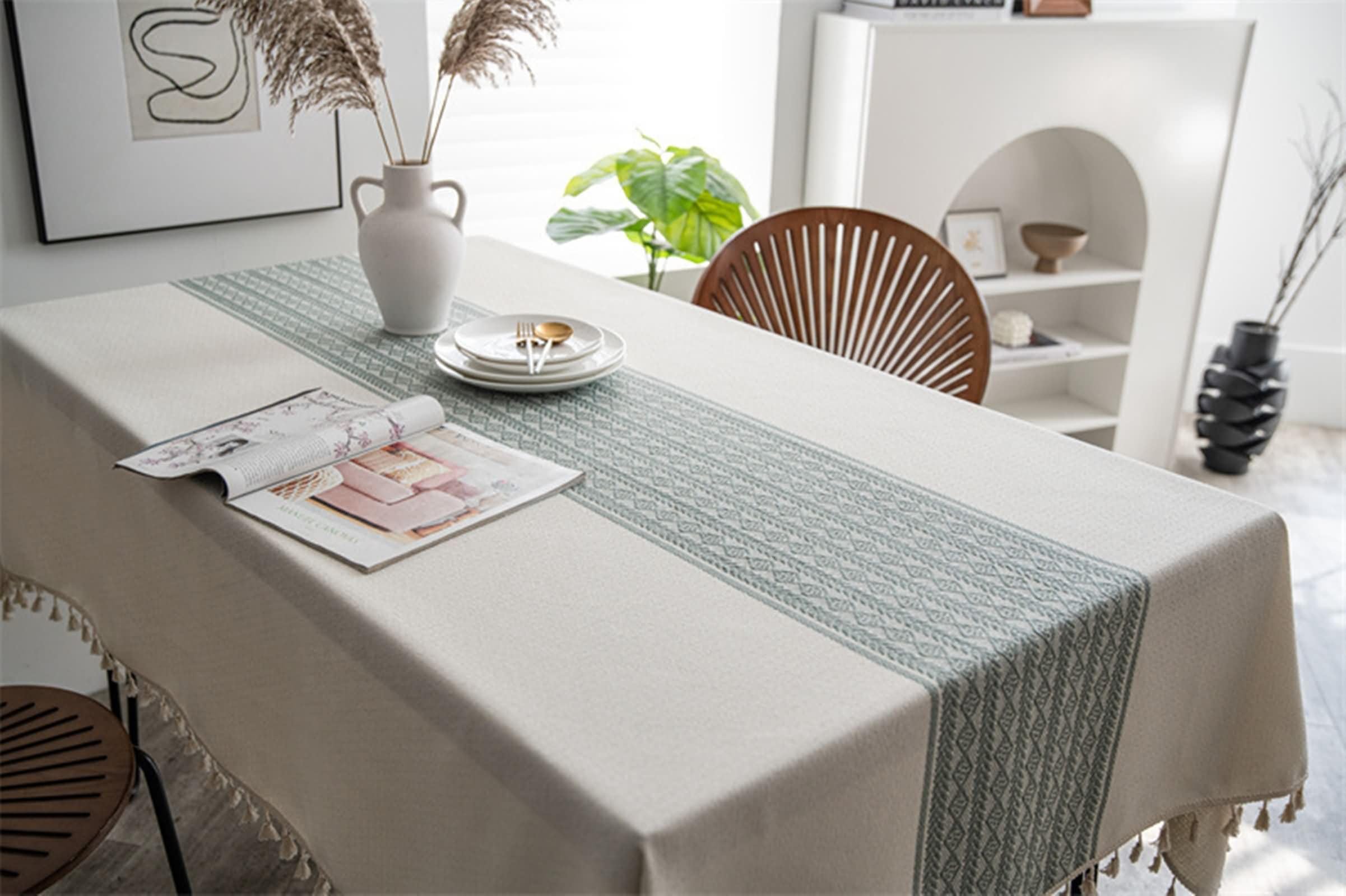 Mantel Boda Mesa Rectángulo 140 W x 260 L CM,Mantel para Mesa de Centro Salon Blanco Bordado de Geométrico con Borlas Poliéster Manteles de Mesa Modernos