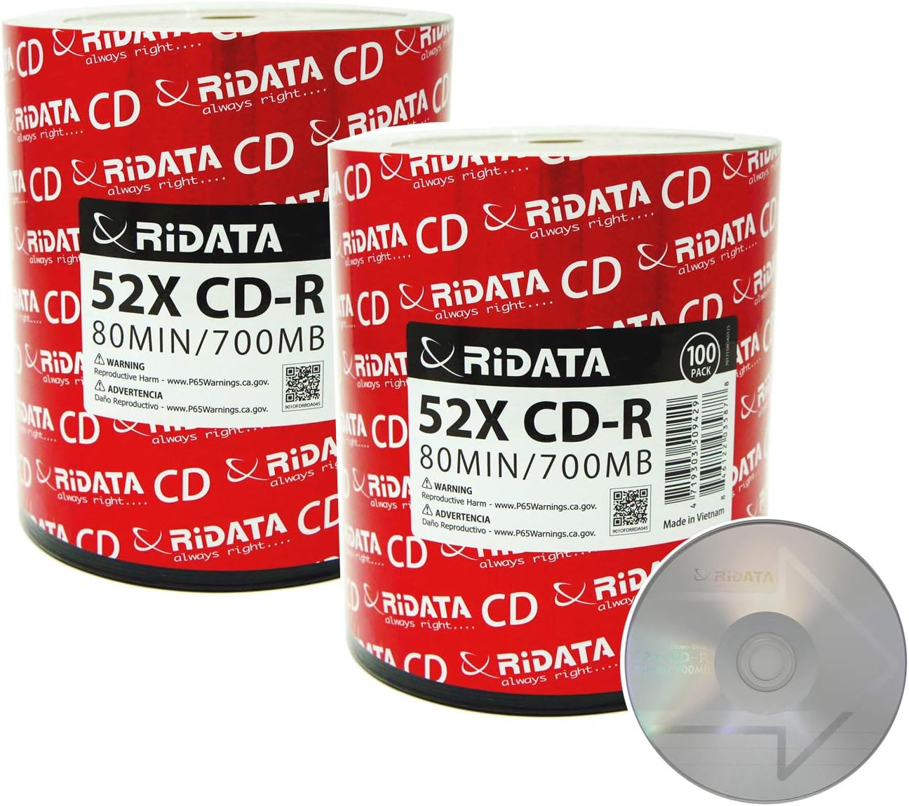 200 Pack Ridata CD-R 52X 700MB 80Min Branded Logo Blank Media Recordable Disc