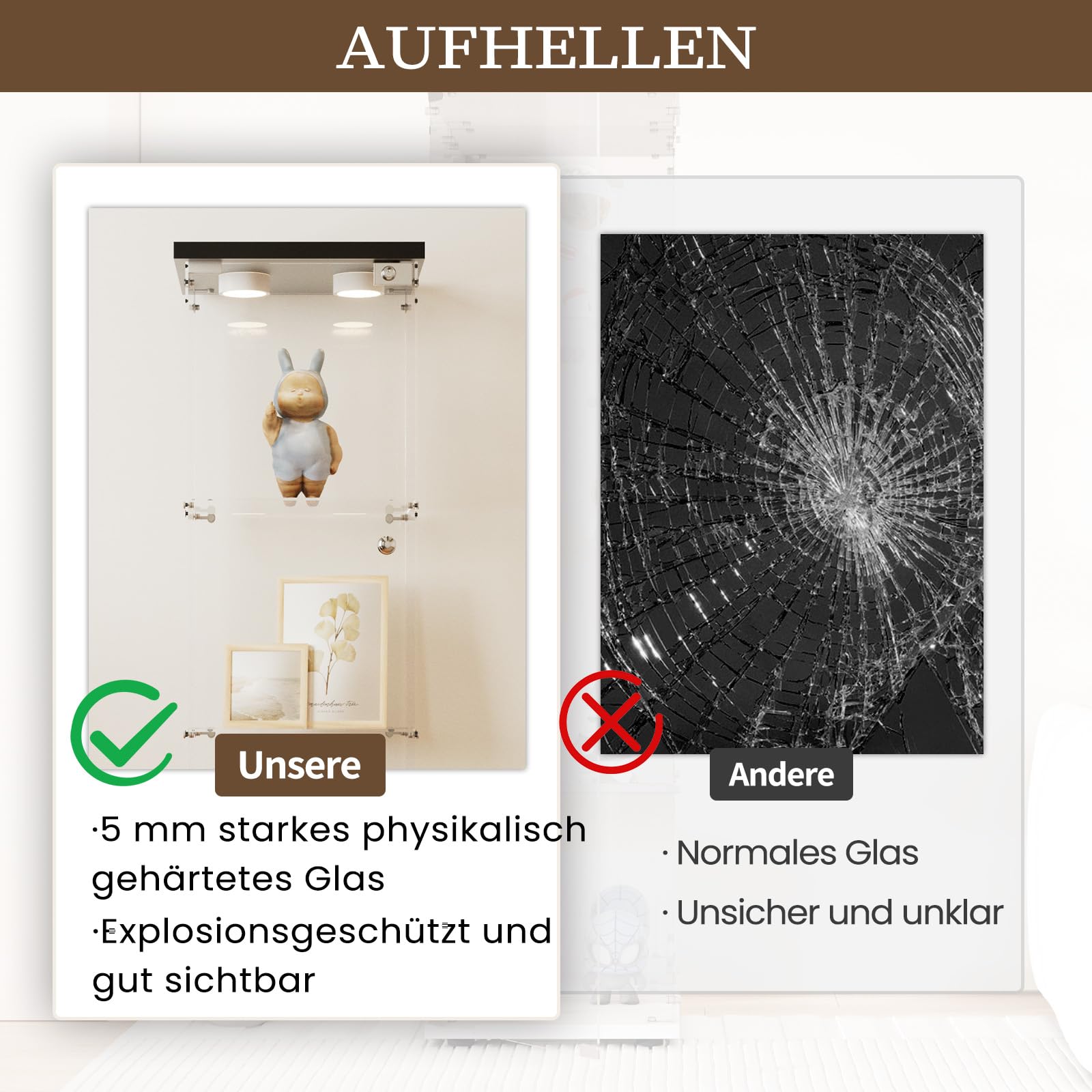 Glasvitrine Standvitrine mit LED in Schwarz, 164x42.5x36.5CM Modern Glas Vitrine Weißes Holzbrett mit 4 Böden aus ESG für Sammlerstücke Bücher Wein