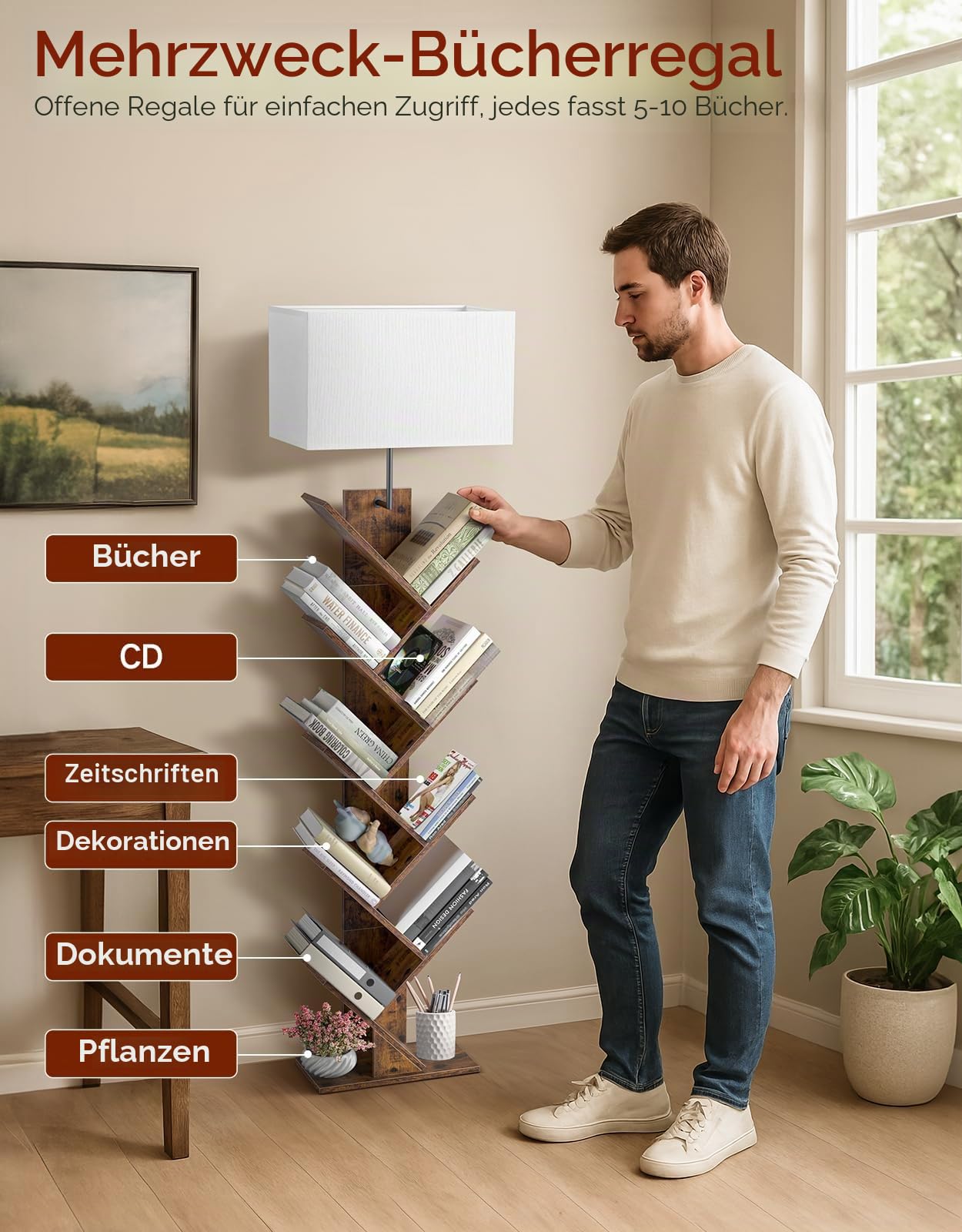 Baum Bücherregal mit Licht, 9 Ebenen Eckregal，Fernbedienung & Timer, Schmales Standregal aus Holz, Kleines Regal für Bücher, CDs & DVDs, für Wohnzimmer, Kinderzimmer, Büro(Rustic Brown)