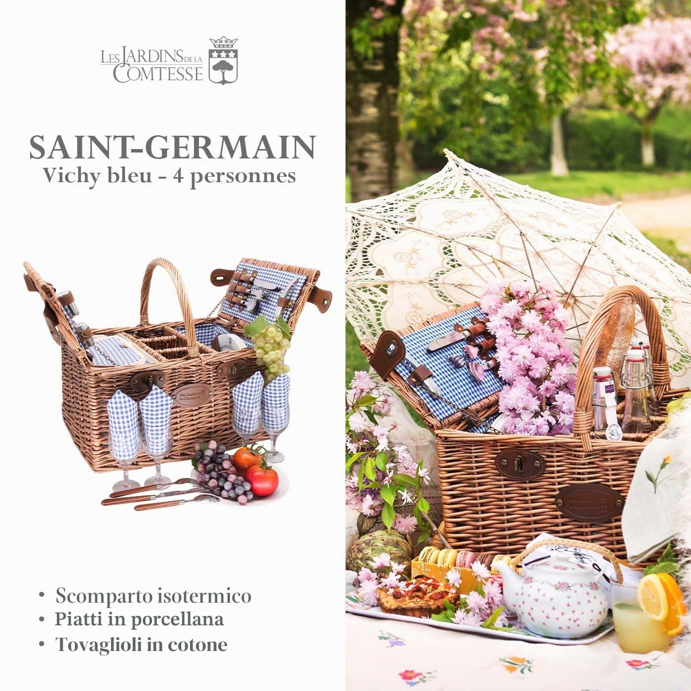 Les Jardins de la Comtesse - Cesto da picnic Saint Germain Vichy Blu - Isolato termico - Armadietti - Piatti in ceramica - 48x35x26 cm