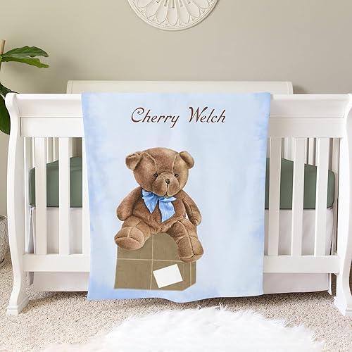 Yeshop Manta de bebé personalizada con lazo azul, oso de peluche, manta personalizada para guardería, 30 x 40 pulgadas, para bebé, niño y niña, con