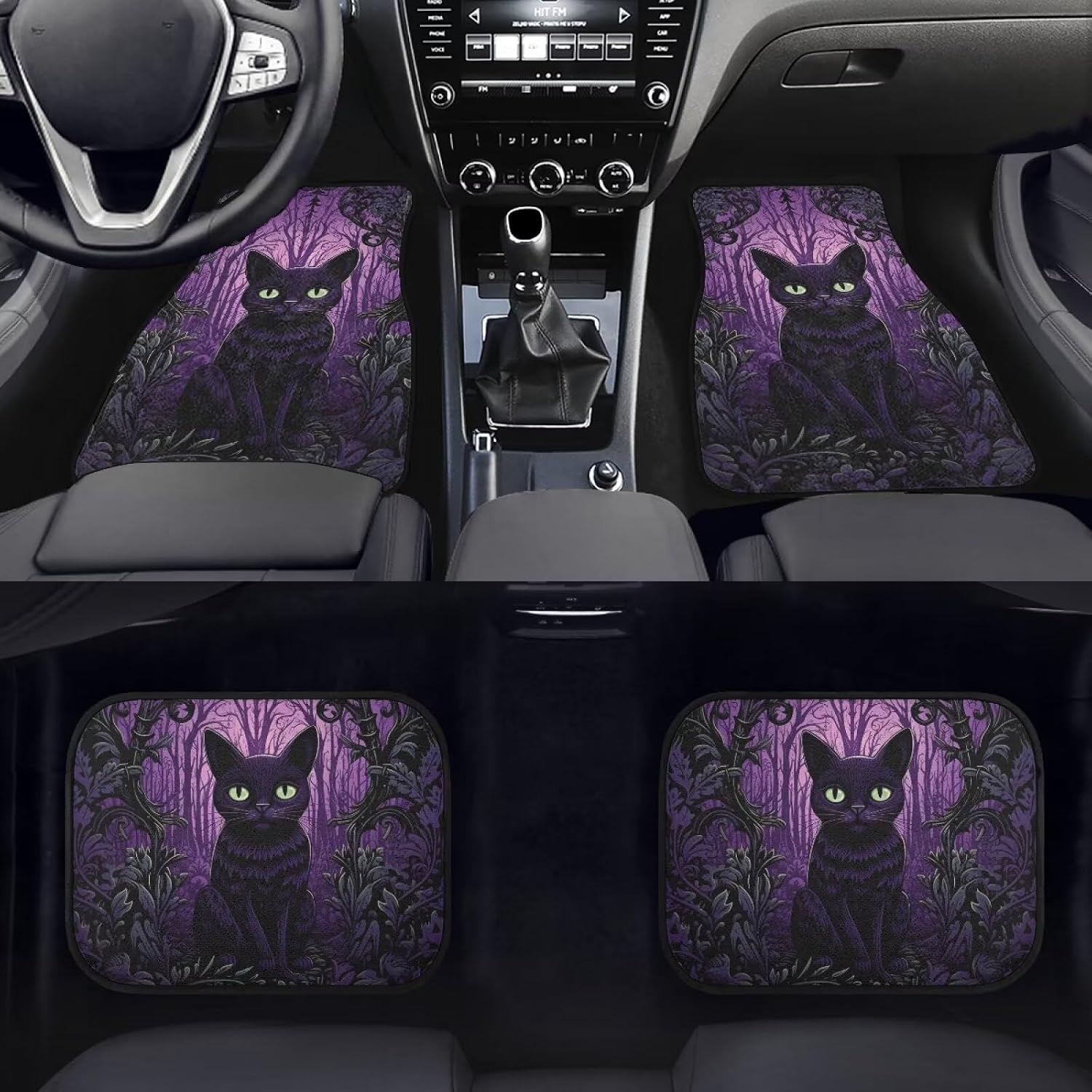 WELLFLYHOM Black Cat Car Floor Mats Purple Car Accessories for Women 4 Pcs Auto Floor Mats Car Carpets Universal Fit Trucks,SUV,Van Halloween Decor Car Floor Mats Foot Pads