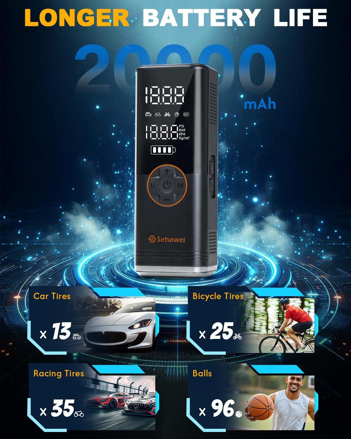 Sehawei Y11 Gonfleur Pneus Voiture,Compresseur à Air Portatif 150PSI avec écran LCD Numérique, 20000mAh Pompe a Velo Electrique pour SUV, Voiture, Moto, vélo, Balle
