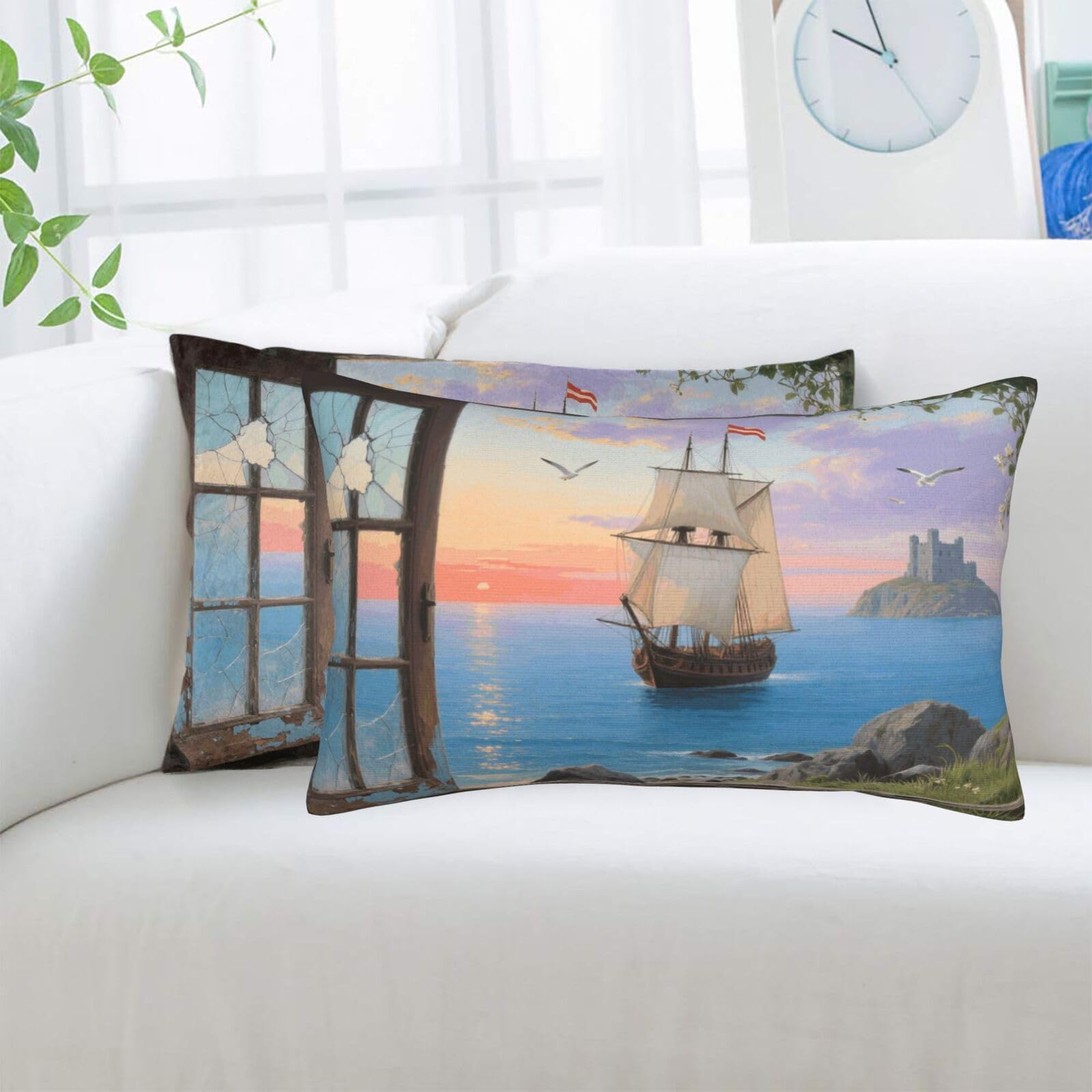 2 Pack Standard Pillowcases Sets, Ultra Soft Comfort Microfiber Plush Pillow Cases Window View of Sailing Sailboat Decorative Throw Pillow Cover with Hidden Zipper for Bedroom, Sofa, Couch,16"X24"